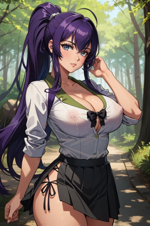 (masterpiece, Best quality,32k), Intricate details,
1 girl, busujima_Saeko, purple hair, , skirt, ponytail, very long hair,
seductive smile, Outdoors, forest, perspiration, sweaty tits, cleavage, erect nipples, black panties, skirt slightly raised by the wind.