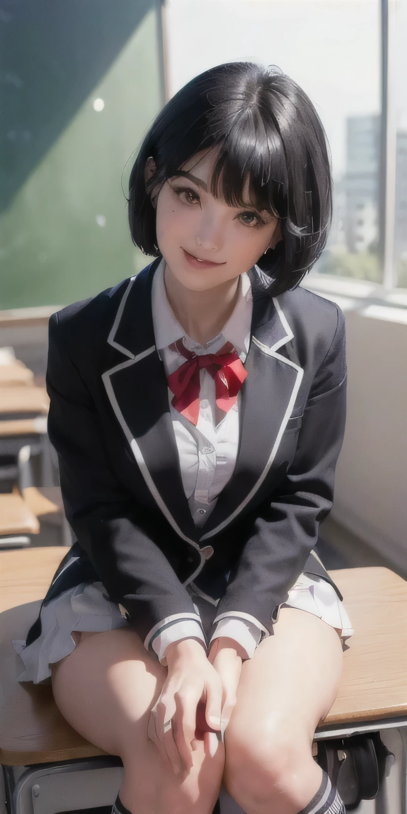 ((8k, original photo, top quality, masterpiece), HD RAW color photos professional close-up photos, (actual, photorealism: 1.37), (best quality), (Best shadows), (Best illustration), clavicle ((big deal)), ((Sexy, ultra high resolution, HD CG unified 8K wallpaper, Physically based rendering, light), (Egiosar:1), 18 year old girl, (gray blazer, ribbon, sock, high school: 1.2), high school课堂, beautiful details eyes, light on face, ((full-body shot: 1.2)), extremely strong light, (Upper eyes, grinning:1.2),skin shiny, (((black hair, bob hair:1.2))), ( Thick thighs),Shy, (flash:1.2), NSFW , (fluffy), ((Seductive pose: 1.2, attractive: 1.2)), (idle), (Sitting at the table in the classroom: 1.2)), ((good anatomy: 1.2)), ((Bright and fresh classroom, Blurred background: 1.2)), perfect face, cute face, (high angle shot:1.2)