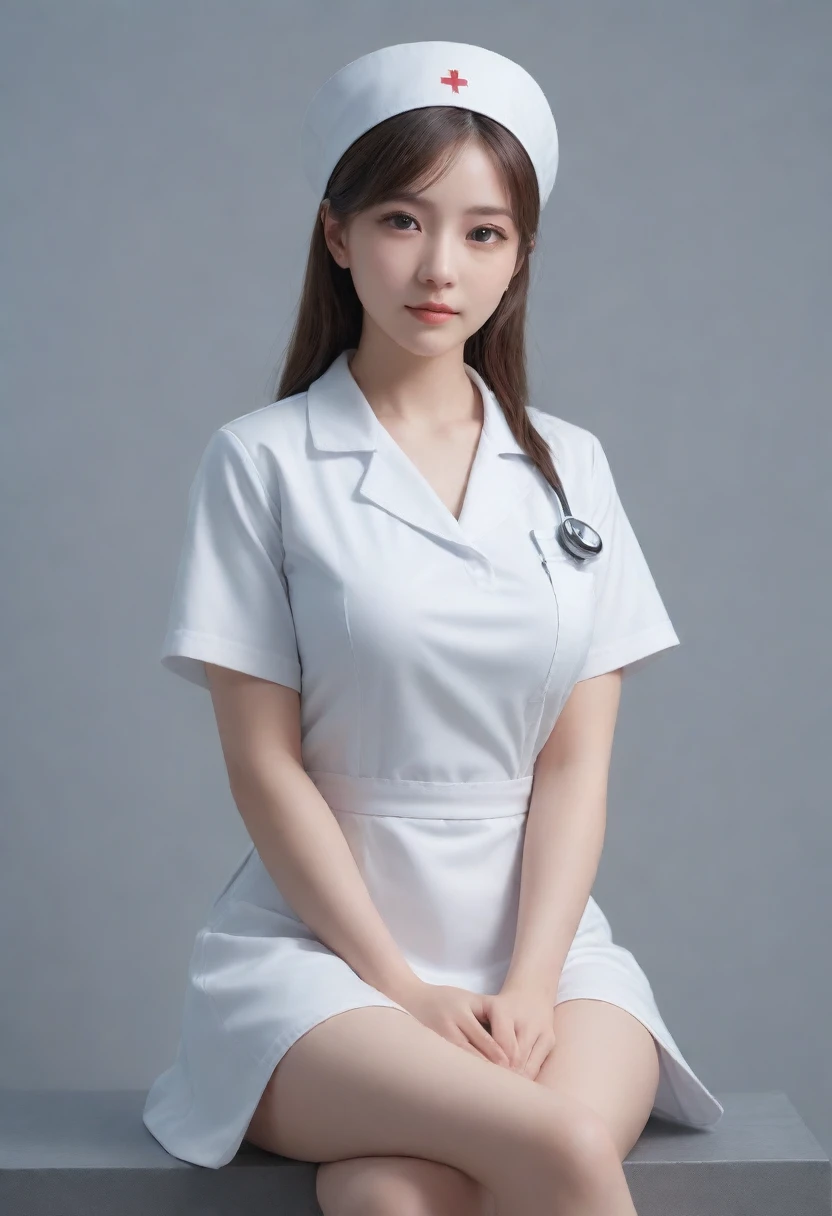 (full body:1.5), (1girl:1.3), (view the viewer:1.4), (anatomy correct:1.4), sitting, (wearing a nurse set:1.2), (accurate and perfect face:1.3), high detail, lighten shade contrast, face lighting, cinematic lighting.