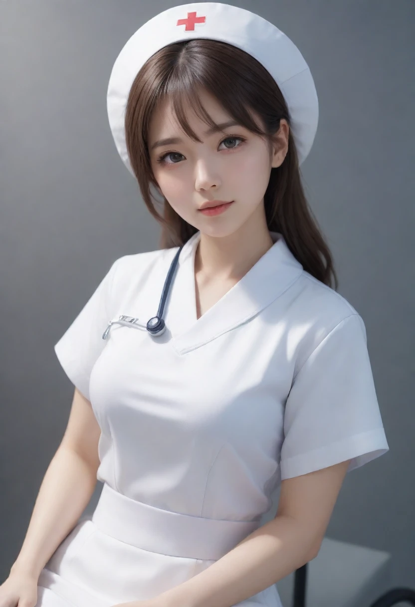(full body:1.5), (1girl:1.3), (view the viewer:1.4), (anatomy correct:1.4), sitting, (wearing a nurse set:1.2), (accurate and perfect face:1.3), high detail, lighten shade contrast, face lighting, cinematic lighting.