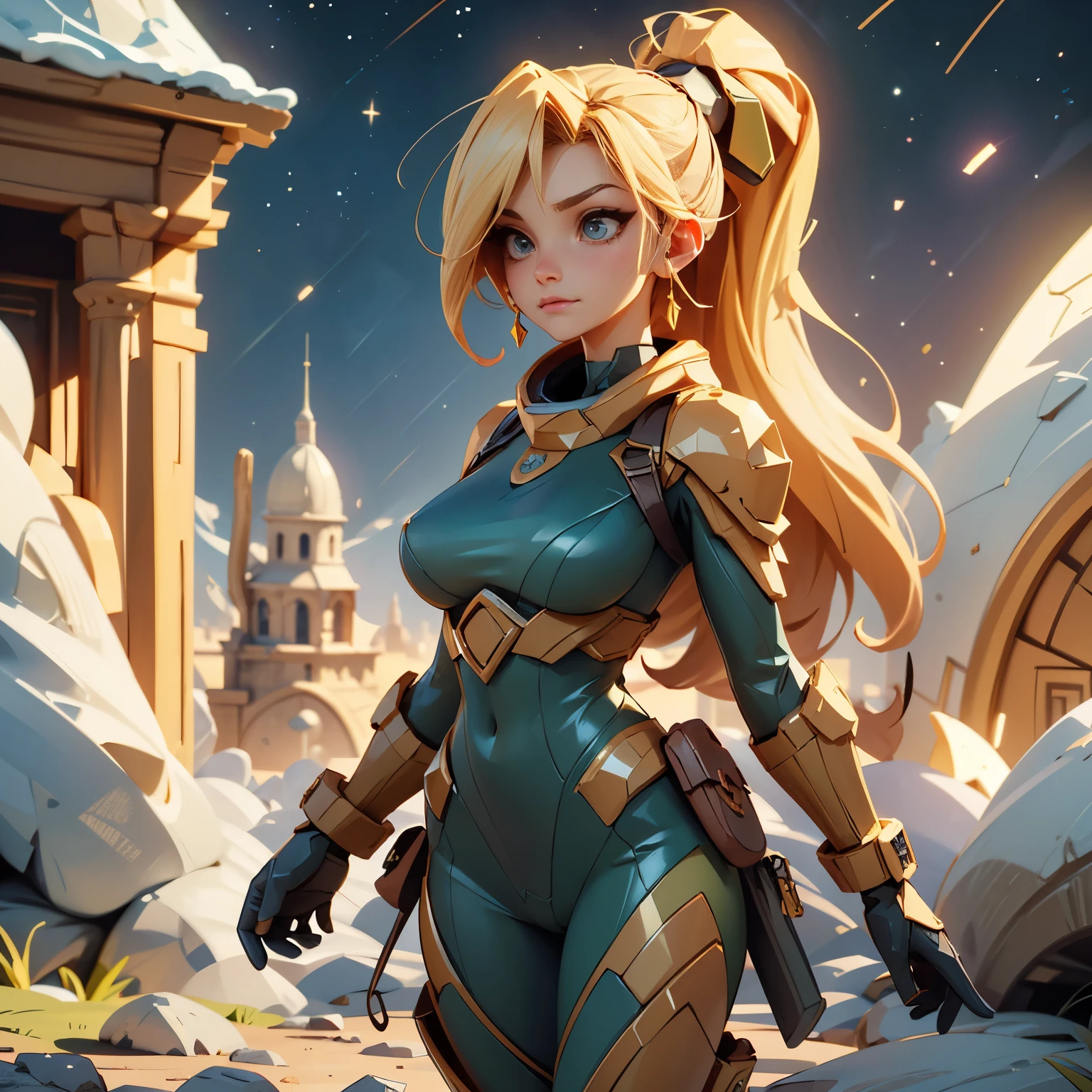 (High resolution、masterpiece:1.2)、Super detailed、(Photorealistic:1.37)、SF、Adventurer、Explore ancient ruins、Gorgeous detailed face and figure、Ideal proportions、Big Breasts、Beautiful long straight hair tied in a braided ponytail、blonde、Dynamic pose、Dynamic angle、treasure hunter、interstellar background、Advanced technology、Glowing Light、Extraterrestrial relics、Exciting action、Breathtaking landscapes、Amazingly detailed alien architecture、Ethereal colors、天bodyの雰囲気、Out-of-this-world scenery、laser weapon、Intense emotions、Adrenaline-pumping adventure、Thrilling suspense、Action-packed quests。Distant future、A young and beautiful woman、見事な特徴と完璧なbody型で、大胆かつ恐れを知らないtreasure hunterとして描かれ、Explore the depths of ancient extraterrestrial ruins in outer space。This work、信じられないほどのHigh resolution（highest quality、4k、8k、High resolution、masterpiece：1.2）とSuper detailed（Photorealistic：1.37）Proud of its depiction of、The face of the hero、body、Captures every intricate detail of the surrounding environment。SFジャンルに重点を置いたThis work、Advanced technology、魅惑的なinterstellar background、Introducing the scenery of another world。キャラクターのDynamic poseと角度が、It adds energy and a sense of adventure to the scene.。彼女の長く美しいblondeの髪は細心の注意を払ってポニーテールに編み込まれており、Enhances aesthetic appeal、全body的な外観に優雅さを加えています。treasure hunterとして、She encounters various relics and ancient structures。それらは絶妙なディテールでEthereal colorsで描かれ、The celestial atmosphere captivates the audience.。In this work、The protagonist engages in a thrilling quest、It also features intense emotions and adrenaline-pumping action as you face dangerous challenges.。laser weaponと未来的な要素がSFの雰囲気を醸し出し、視聴者に視覚的に驚異的で没入感のあるbody験を提供します、mynatalee woman、cr1r3、natural breasts、