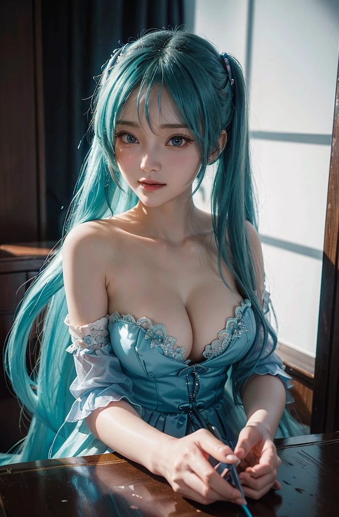 (front focus), (in the dark:1.6), Hyperrealist portrait of female by david hockney and alphonse mucha, fantasy art, photo realistic, dynamic lighting, artstation, poster, volumetric lighting, very detailed faces, 4 k, award winning,there is a doll sitting on a table next to a computer, mikudayo, pvc figurine, hatsune miku, pop up parade figure, miku, anime figurine, anime figure, she has pale blue skin!!!, white cyan, portrait of hatsune miku, rem rezero, anime peripheral, a happy meal toy of hatsune miku,(in the dark, deep shadow, low key),Huge, full breasts,bared breasts,I can see her cleavage, (Cute smile, Upward glance),Bedroom,in a seductive pose,With a flushed face/