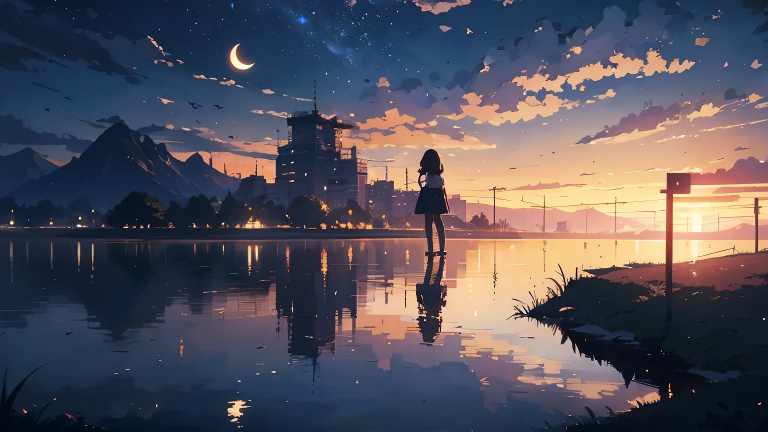 High quality masterpiece, landscape, One Grand Piano。Before the sun rises、Star of the sky、Crescent Moon。 Pixiv, Concept Art, Lofi Art style, reflection. by makoto shinkai, Lofi Art, Beautiful anime scene, break Anime landscape, detailedなlandscape —幅672, in Makoto Shinkai&#39;s Style, Makoto Shinkai&#39;s Style, 強化されたdetailed, break,detailed,Realistic,Highly detailed digital art in 4K,Octane Rendering, Bioluminescent, break 8K resolution Concept Art, realism,By Mappa Studio,masterpiece,highest quality,Official Art,figure,Clear lines,(nice_color),Perfect composition,Absurd, Fantasy,Concentrated,Three-part method
