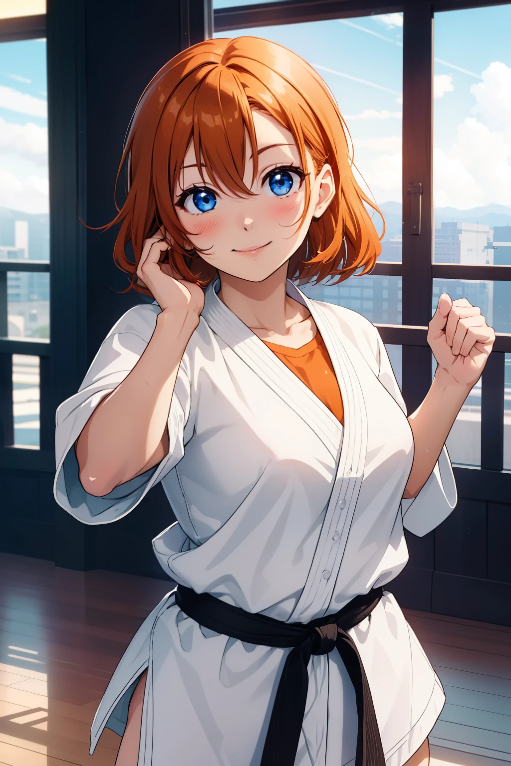 (masterpiece, 最high quality, high quality), Upper Body,Volumetric lighting, figure, beautiful, Perfect lighting, Perfect Shadow, (Nice views:1.1), Blushing, In-person audience, Are standing,Kousaka honoka, blue eyes, Orange Hair,Empty-handed,White Karate Custom, Big Breasts, sweating, smile、Straight punch、In-person audienceにStraight punch