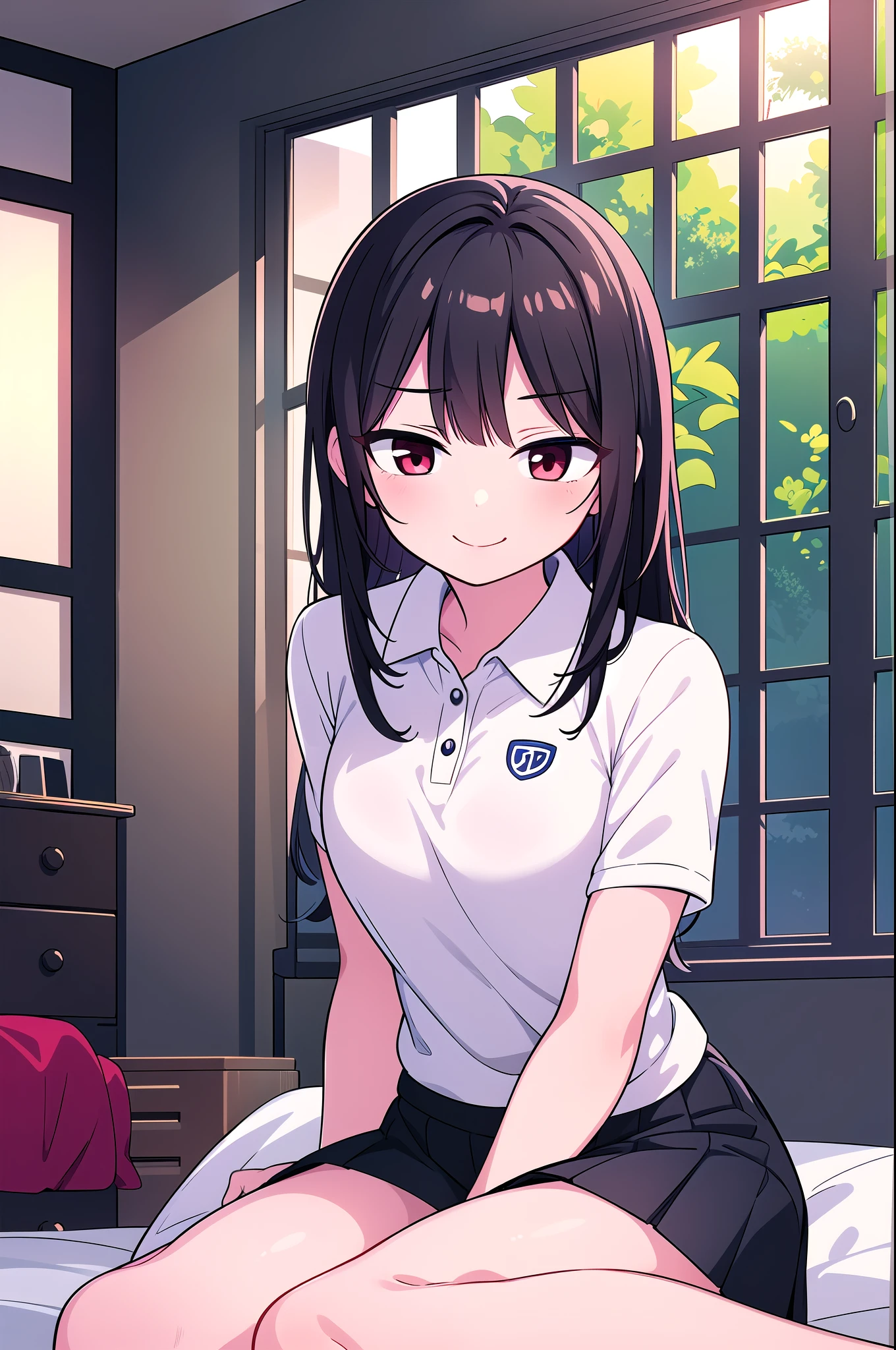 An anime-style illustration of a young female character with short, dark hair and bright red eyes. She is wearing a white polo shirt and a black skirt. The character is sitting on a bed in a bedroom setting, with a window in the background. The lighting and shading create a soft, warm atmosphere around the character. seductive smile, blush