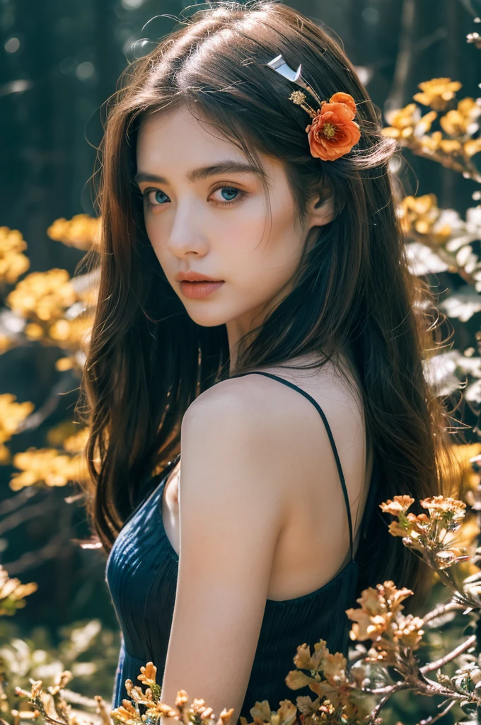 ( masterpiece, top quality, best quality,8k,17 years old girl,ultra detailed,raw photo:1.5),(photorealistic:1.4), (cinematic lighting), PerfectNwsjMajic, , Surrealism, UHD, ccurate, Super detail, textured skin, High detail, Best quality, dynamic angle, White skin,[Beautiful blue eyes], high nose,[flat chest:large breasts:0.5],(1girl),((good anatomy:0.5)),(covered in flowers:1.4), night sky, interested in, fire and ice, (The image is divided into two，Available in a variety of colors:2), eyes blues, sapphire, liquid metal, night sky, (Look at an angle:1.3), (fire and ice), ((Lower chrome)), (hairpin:1.4), (forest:1.3), (fog: 1.3),  Subtle colors and tones, mystical aura ,dreamy atmosphere,expressive brush strokes, mystical ambiance, Artistic interpretation, upper body, long hair,