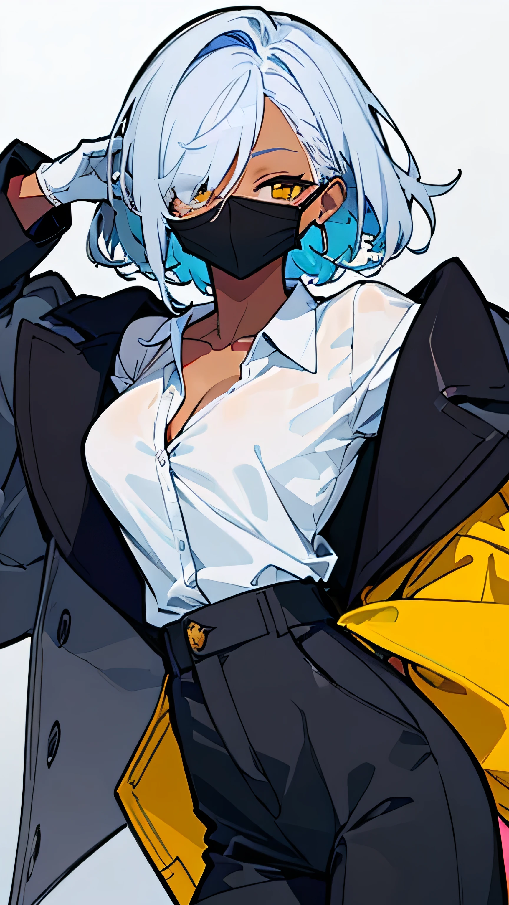 (highest quality、masterpiece:1.2) 1 Female, (adult), tall, (Dark skinned woman, hair over one eye), white hair, blue hair, mixed hair color, yellow Eyes, little glasses, ((black tailored jacket, white shirts, shorts pants)), smiling eye, collarbone, (cleavage), little earring, armpit, (off shoulder), leather gloves, (mouth mask),