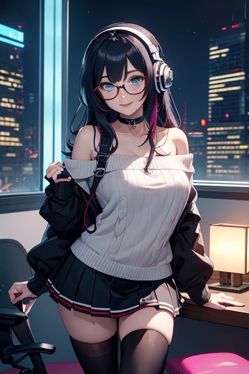 ((best quality)), ((masterpiece)), ((detailed eyes)), perfect face, female, gamer girl, aqua eyes, cherry-red lips, light smile, long black hair, purple streaks, wearing headphones, bangs, ribbon, choker, bracelet, nerdy glasses, sleeves past fingers, white off-shoulder sweater, large breasts, black skirt, thigh-highs, gamer girl's bedroom, nighttime, neon lights, colorful lights