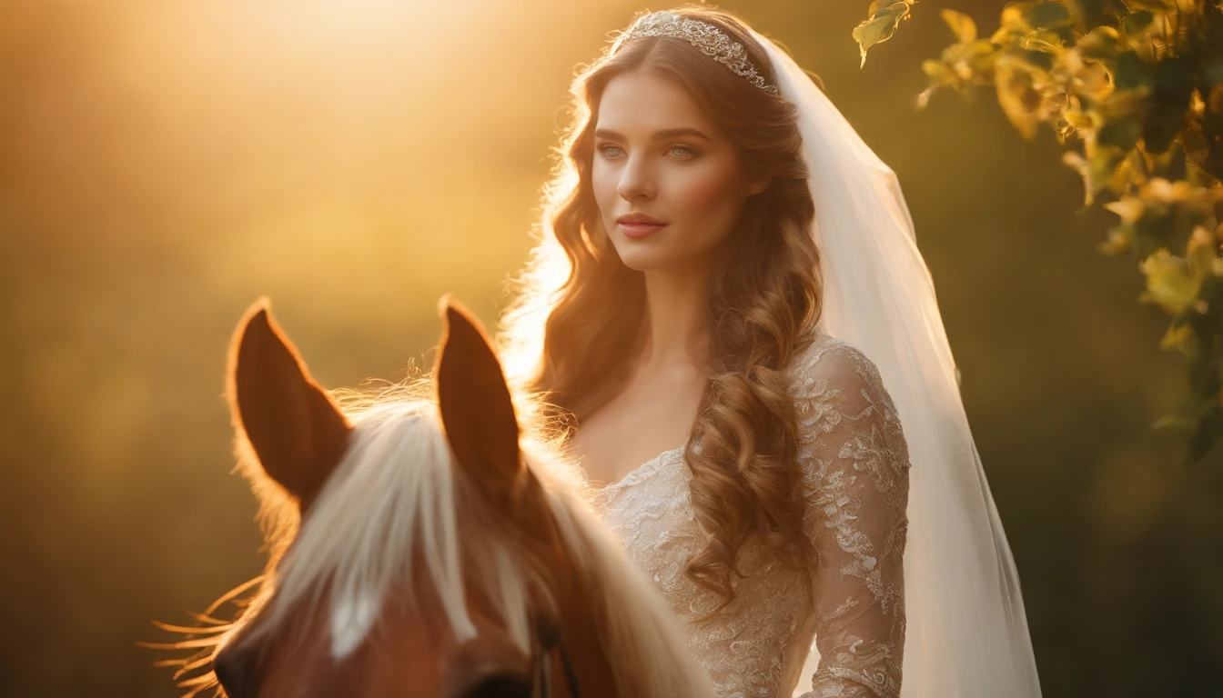 A girl wearing a king's princess dress, and headband, weapons behind her shoulders wrapped around golden rattan, along with cavalry holding golden horses, (detail of beautiful eyes, detail of beautiful lips, very detailed face), (veil sparkling and flowing), (long flowing hair), (peaceful and joyful expression), (gentle sunlight shining on him), (lush green garden background), (bright flowers blooming all around), (golden accents shimmering on the horse's harness), ( majestic and graceful horse), (running gracefully), (golden sunlight casts a warm glow on the scene), (realistic, photorealistic: 1.37), (high resolution, 4k, sharp focus), (soft color palette and beautiful), (perfect attention to detail), (romantic and ethereal atmosphere), (charming and enchanting composition), (masterpiece:1.2), (bokeh effect), (sparkling highlights on the dress and horses), (highly detailed bridal bouquet ), (subtle shadows and highlights create depth), (gorgeous silhouette against the sky), (subtle wind gently moving her veil and hair), (timeless and elegant scene), (delicate lace details on the dress), (light and airy feel) , (portrait), (fine art), (fairy tale vibe).