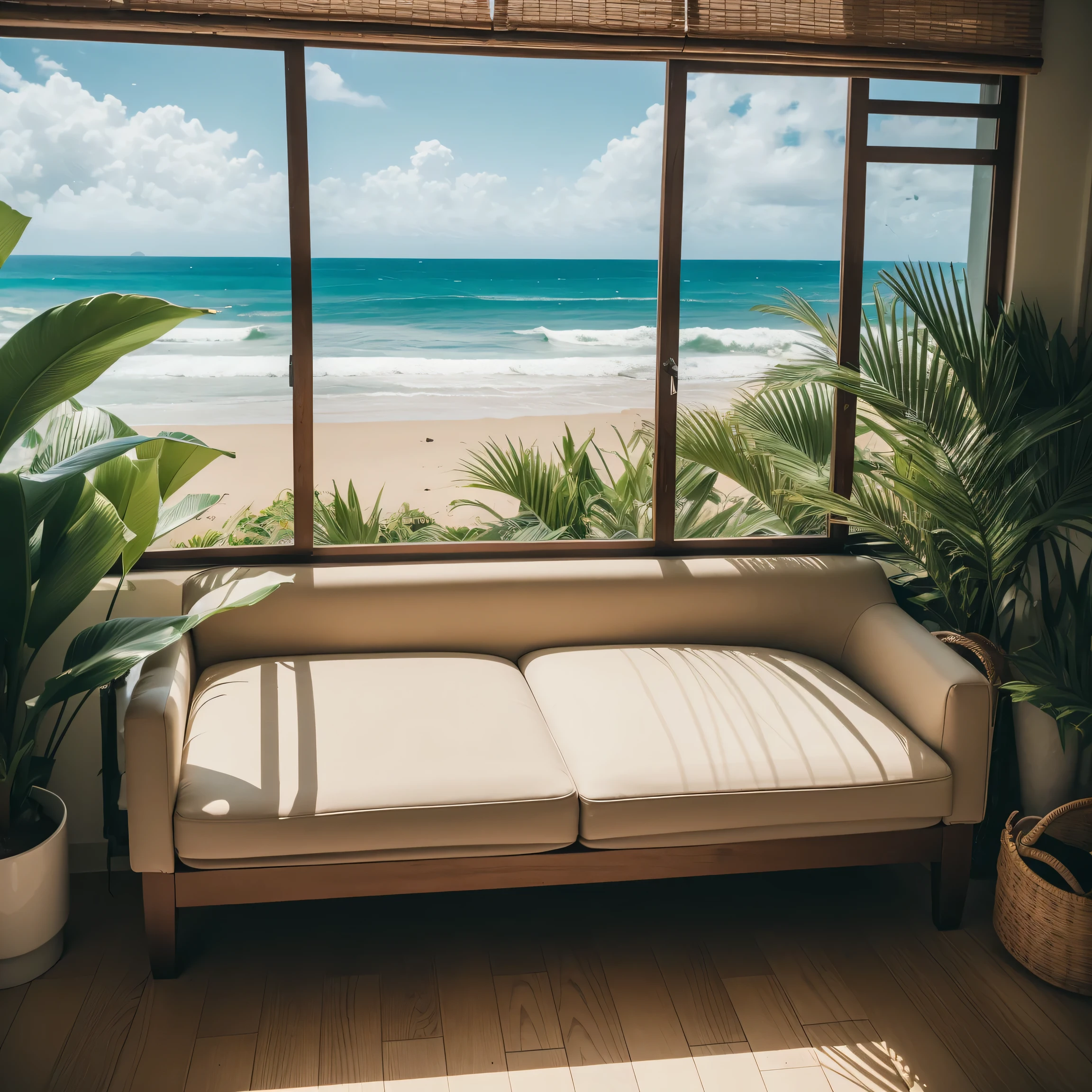 Wide angle、wide、Whole room、living、 Hawaii、Ocean、beach、surfboard、interior、Stylish、Foliage plant、sofa、Asahi、Realistic、masterpiece、beautiful、8k、highest quality、Attention to detail、8k、Sharpness