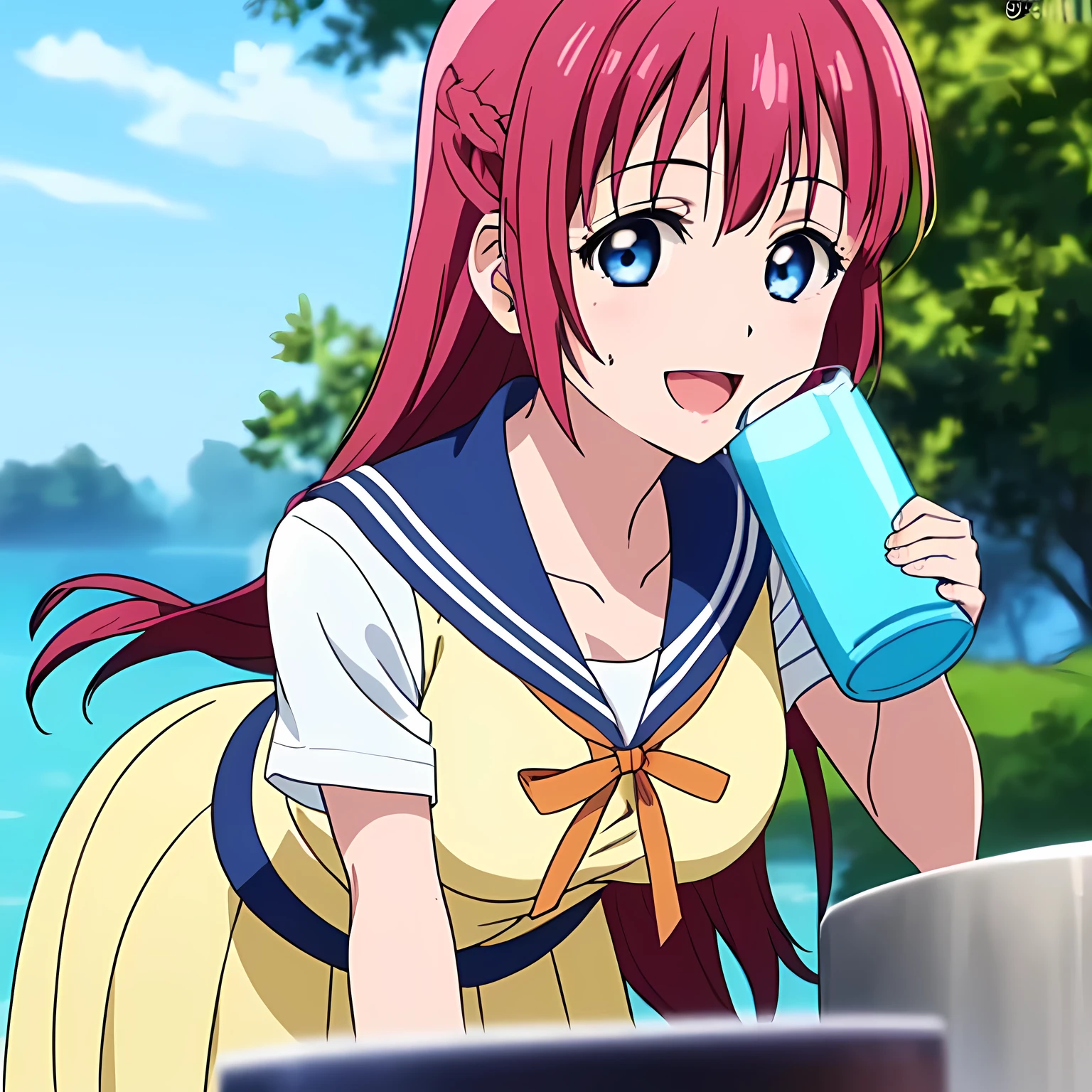highest quality, (masterpiece:1.2), Very detailed, Game CG, ((((Very beautiful school uniform1A girl is bending over and drinking water)))), ((The girl everyone loves)), (((Very beautiful pink hair))), ((((Yellow sailor suit)))), ((Sailor uniforms have blue lines)), ((Dark navy blue checked long skirt)), ((((Very beautiful and shining eyes)))), ((Very long eyelashes)), A big red ribbon on the chest, ((An elegant expression like a noble princess)), (((Beautiful and great smile))), Small face and great posture, ((Give the viewer a heavenly feeling of happiness)), (((Blur the background))), ((A very compassionate face)), ((Anime heroine smiling and open mouth)), ((Slender and shapely breasts)), ((drinking water from park drinking fountain)), ((Shooting from the side))