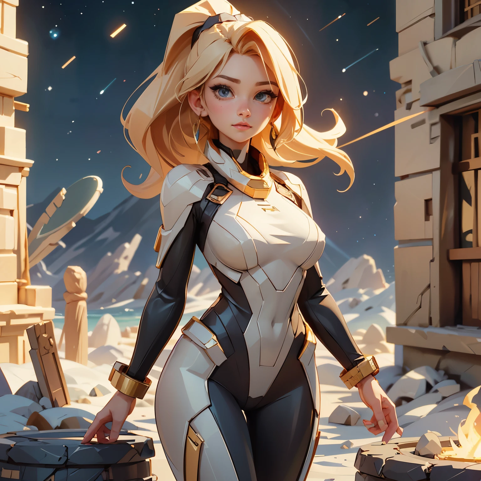 (High resolution、masterpiece:1.2)、Super detailed、(Photorealistic:1.37)、SF、Adventurer、Explore ancient ruins、Gorgeous detailed face and figure、Ideal proportions、Big Breasts、Beautiful long straight hair tied in a braided ponytail、blonde、Dynamic pose、Dynamic angle、treasure hunter、interstellar background、Advanced technology、Glowing Light、Extraterrestrial relics、Exciting action、Breathtaking landscapes、Amazingly detailed alien architecture、Ethereal colors、天bodyの雰囲気、Out-of-this-world scenery、laser weapon、Intense emotions、Adrenaline-pumping adventure、Thrilling suspense、Action-packed quests。Distant future、A young and beautiful woman、見事な特徴と完璧なbody型で、大胆かつ恐れを知らないtreasure hunterとして描かれ、Explore the depths of ancient extraterrestrial ruins in outer space。This work、信じられないほどのHigh resolution（highest quality、4k、8k、High resolution、masterpiece：1.2）とSuper detailed（Photorealistic：1.37）Proud of its depiction of、The face of the hero、body、Captures every intricate detail of the surrounding environment。SFジャンルに重点を置いたThis work、Advanced technology、魅惑的なinterstellar background、Introducing the scenery of another world。キャラクターのDynamic poseと角度が、It adds energy and a sense of adventure to the scene.。彼女の長く美しいblondeの髪は細心の注意を払ってポニーテールに編み込まれており、Enhances aesthetic appeal、全body的な外観に優雅さを加えています。treasure hunterとして、She encounters various relics and ancient structures。それらは絶妙なディテールでEthereal colorsで描かれ、The celestial atmosphere captivates the audience.。In this work、The protagonist engages in a thrilling quest、It also features intense emotions and adrenaline-pumping action as you face dangerous challenges.。laser weaponと未来的な要素がSFの雰囲気を醸し出し、視聴者に視覚的に驚異的で没入感のあるbody験を提供します、mynatalee woman、cr1r3、natural breasts、