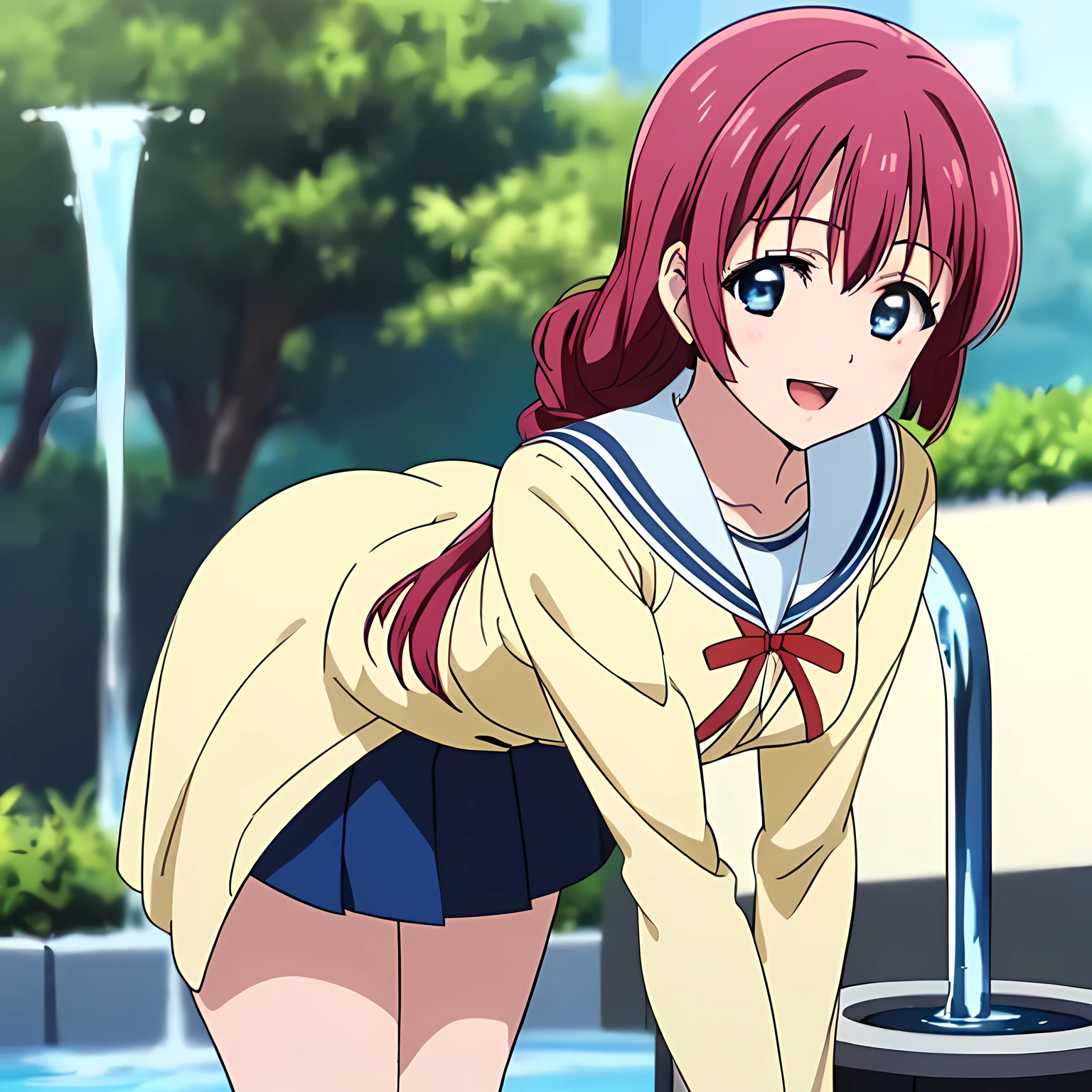 highest quality, (masterpiece:1.2), Very detailed, Game CG, ((((Very beautiful school uniform１A girl is bending over and drinking water)))), ((The girl everyone loves)), (((Very beautiful pink hair))), ((((Yellow sailor suit)))), ((Sailor uniforms have blue lines)), ((Dark navy blue checked long skirt)), ((((Very beautiful and shining eyes)))), ((Very long eyelashes)), A big red ribbon on the chest, ((An elegant expression like a noble princess)), (((Beautiful and great smile))), Small face and great posture, ((Give the viewer a heavenly feeling of happiness)), (((Blur the background))), ((A very compassionate face)), ((Anime heroine smiling and open mouth)), ((Slender and shapely breasts)), ((park drinking fountain))