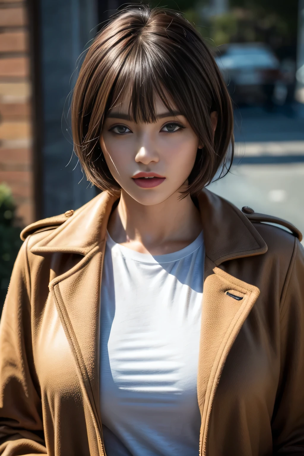 T-shirt, coat, , (photorealistic:1.4), (best quality:1.0), (ultra highres:1.0), 8k, RAW photo, (masterpiece:0.2), , zydG, 1girl, detailed skin, looking at viewer, brown eyes, (short hair with bangs:1.2), (large breasts:1.0), (large areolae:0.8), , (pureerosface_v1:0.5)