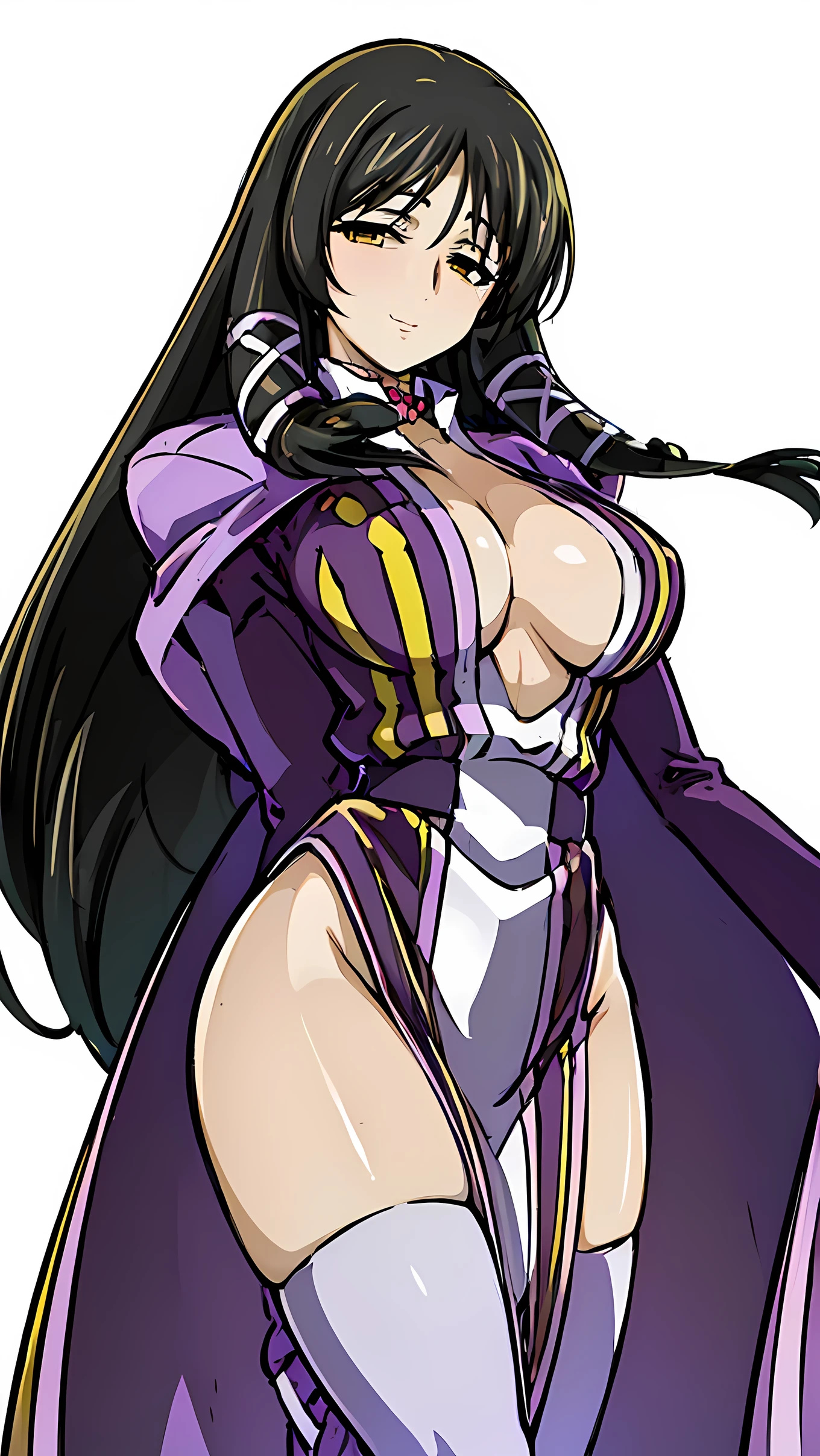 (masterpiece), best quality, expressive eyes, perfect face, solo woman, dance posing, cold eyes, smile warm, fasalina, long purple dress, boots, purple robe thin, front double braids, full dress, milf, Fasalina, slim body woman, long black hair, tall body, blend yellow eye, yellow eyes, She wears a purple uniform consisting of a low-cut long sleeved robes, white thigh high boots, full body, She also wears a dark purple cloak, tight dress, married, Fasalina, purple dress, side Slit, cleavage, thighs, thighs high, Kneehighs,