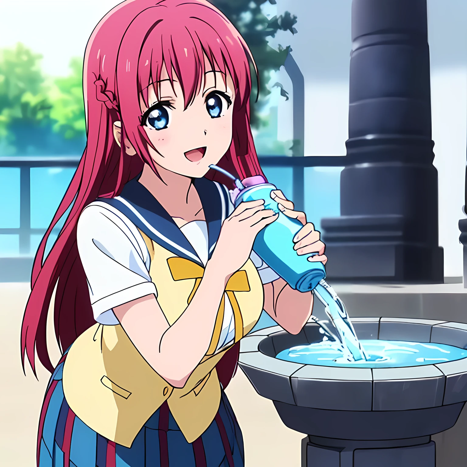 highest quality, (masterpiece:1.2), Very detailed, Game CG, ((((Very beautiful school uniform１A girl is bending over and drinking water)))), ((The girl everyone loves)), (((Very beautiful pink hair))), ((((Yellow sailor suit)))), ((Sailor uniforms have blue lines)), ((Dark navy blue checked long skirt)), ((((Very beautiful and shining eyes)))), ((Very long eyelashes)), A big red ribbon on the chest, ((An elegant expression like a noble princess)), (((Beautiful and great smile))), Small face and great posture, ((Give the viewer a heavenly feeling of happiness)), (((Blur the background))), ((A very compassionate face)), ((Anime heroine smiling and open mouth)), ((Slender and shapely breasts)), ((park drinking fountain))