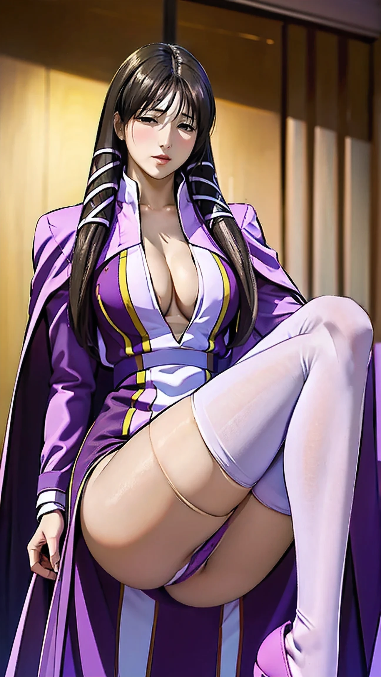 (masterpiece), best quality, expressive eyes, perfect face, solo woman, dance posing, cold eyes, smile warm, fasalina, long purple dress, boots, purple robe thin, front double braids, full dress, milf, Fasalina, slim body woman, long black hair, tall body, blend yellow eye, yellow eyes, She wears a purple uniform consisting of a low-cut long sleeved robes, white thigh high boots, full body, She also wears a dark purple cloak, tight dress, married, Fasalina, purple dress, side Slit, cleavage, thighs, thighs high, Kneehighs,