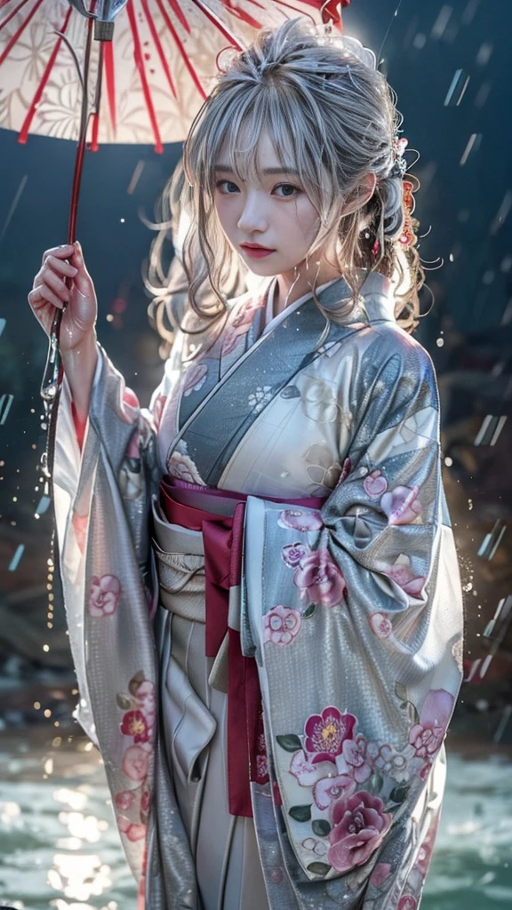 (RAW shooting:1.5, Photorealistic:1.5, 16k, highest quality, masterpiece, Ultra-high resolution), Perfect dynamic composition:1.3, (heavy snow, On a cliff on a precipitous cliff, Great background, Expressions of sadness:0.9), Highly detailed skin and facial textures:1.3, Wet slim woman:1.2, Random Shot, Fair skin:1.2, Mysterious portrait:1.1, Incredibly slim body:1.2, aesthetic:1.1, Very beautiful face:1.2, Water droplets on the skin, (Rain dripping down on my body:1.1, Wet body:1.1, Wet Hair:1.1), (Professional kimono dressing:1.1, With a wet bouquet:1.2, The correct way to wear a wet silver kimono:1.3), (Shapely breasts, Chest gap), (Beautiful erotic eyes:0.8, Beautiful, erotic lips:0.8), (Too erotic:0.9, Fascinating:0.9), necklace, Earrings, bracelet