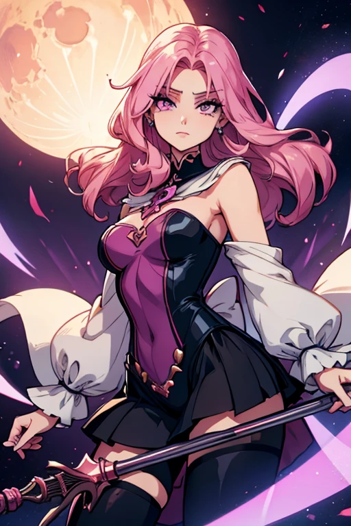 A pink haired woman with violet eyes with an hourglass figure in a sailor moon outfit is spinning a scythe in the night