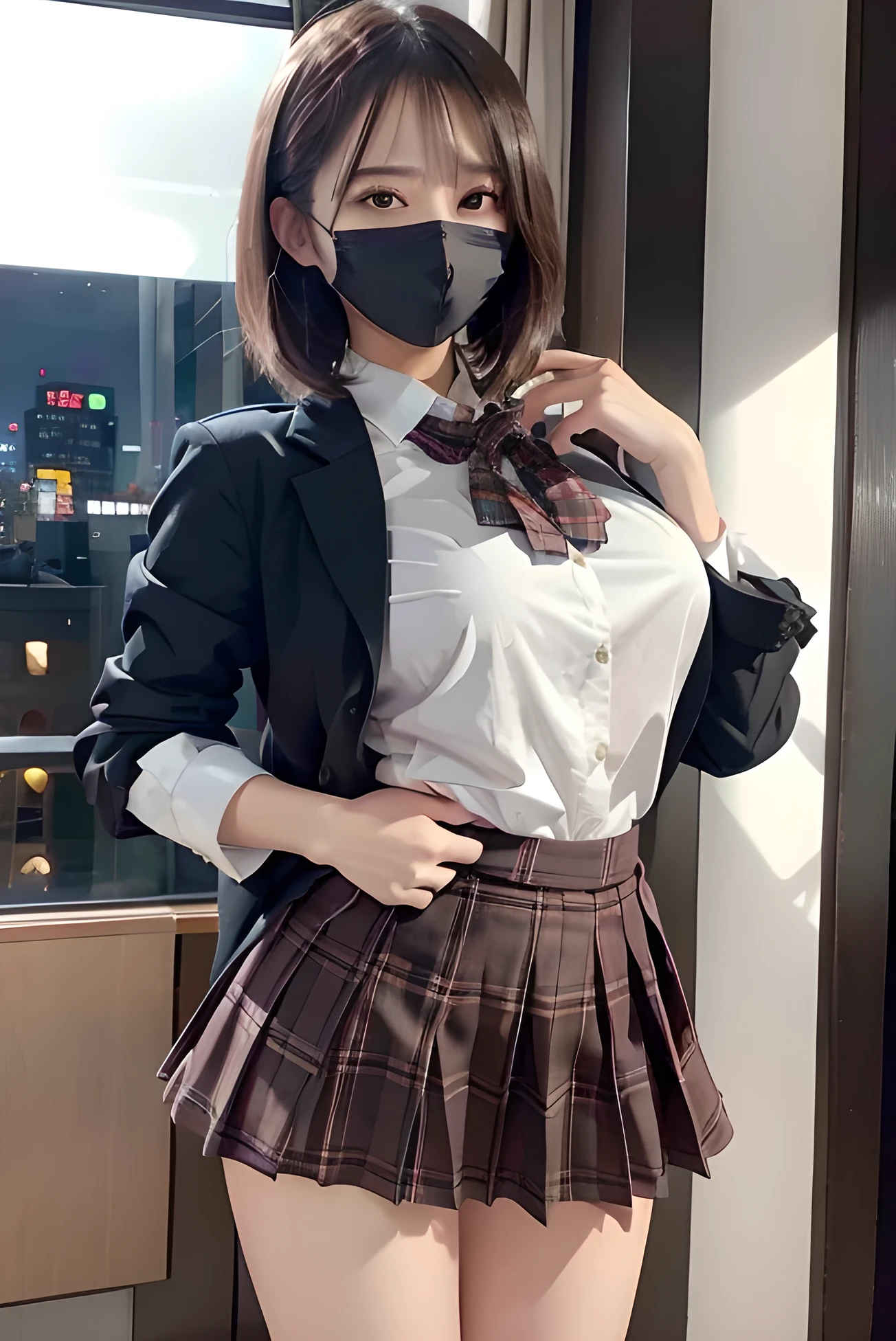 JK,uniform,Plaid miniskirt,Big Breasts,White Mask,City of night