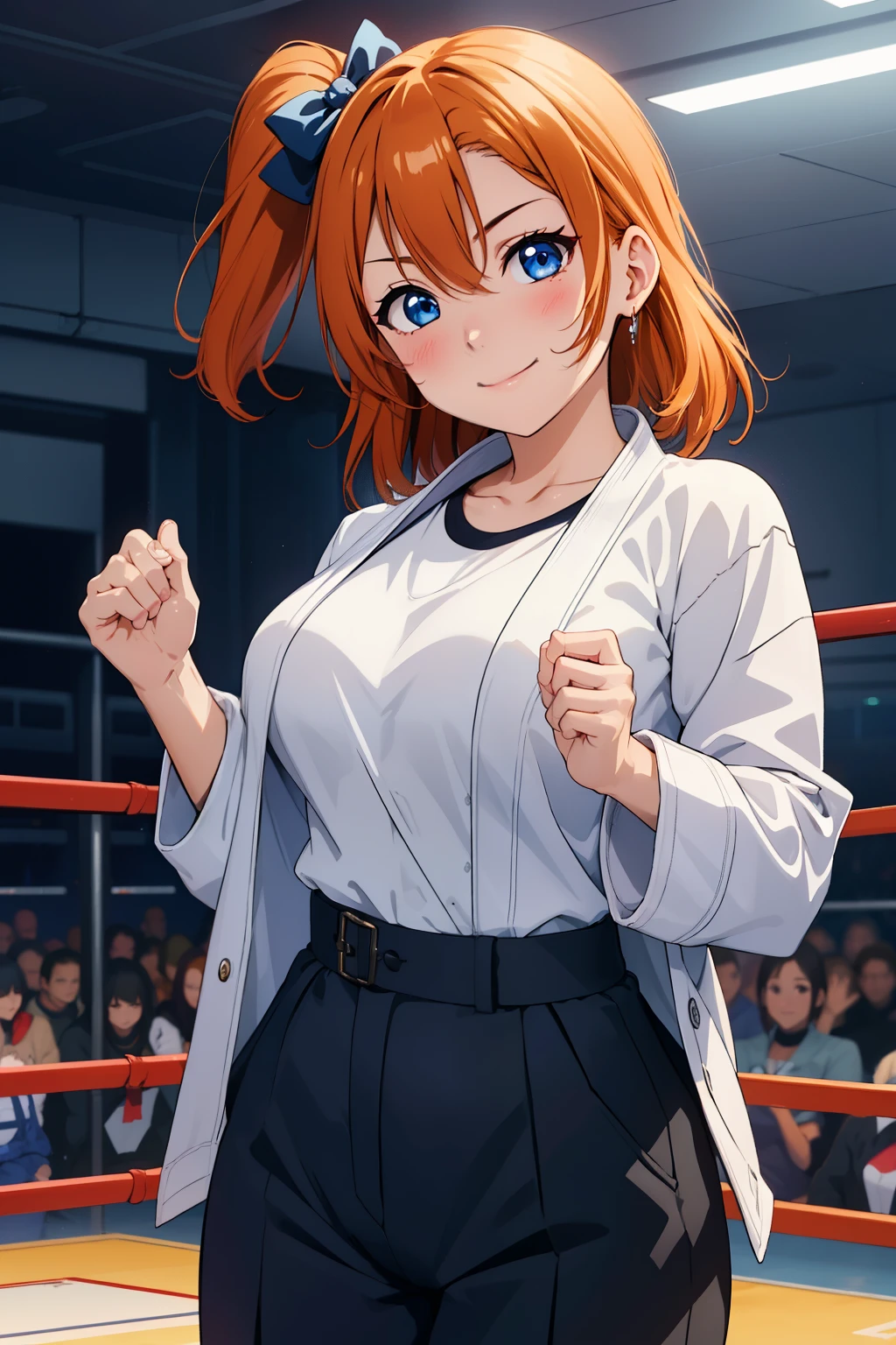 (masterpiece, 最high quality, high quality), Upper Body,Volumetric lighting, figure, beautiful, Perfect lighting, Perfect Shadow, (Nice views:1.1), Blushing, In-person audience, Are standing,Kousaka honoka, blue eyes, Orange Hair,Empty-handed,White Karate Custom, Big Breasts, sweating, smile、Straight punch、In-person audienceにStraight punch