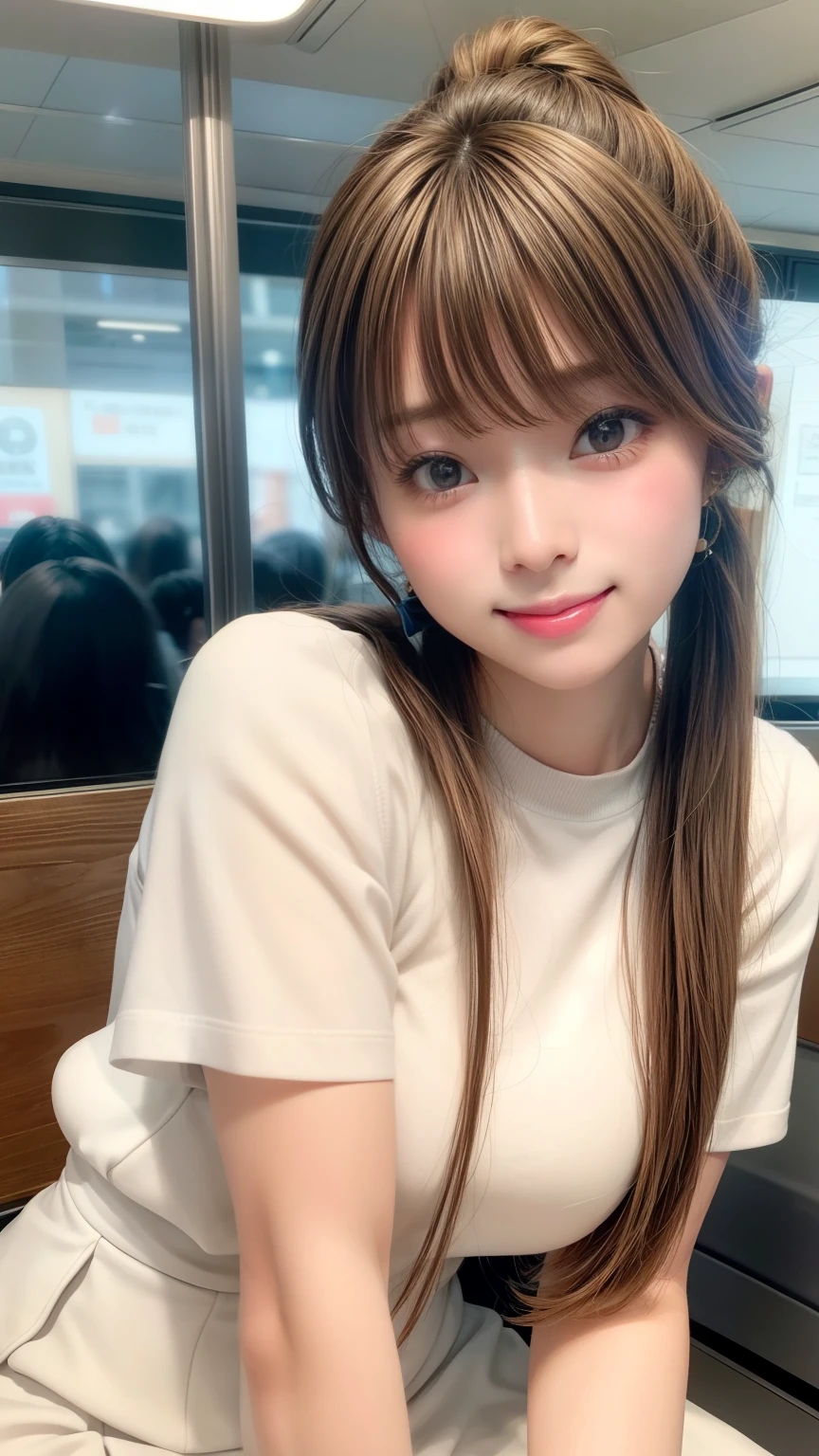 Tabletop、Super cute face、Large Breasts、 Large Breastsの谷間、Good style、Natural Lip、Fair skin、Great light、Beautiful lighting、((Straight hair:1.2))、((Ponytail Hair:1.2))、Brown Hair、Blunt bangs、Cute T-Shirts、Tight Skirt、Gorgeous Accessories、on the train、Sit in your seat、smile、かわいいsmile