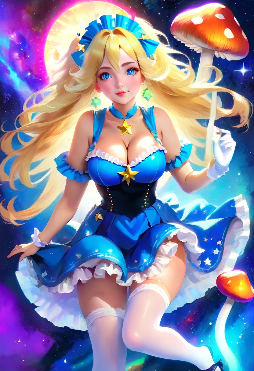 a beautiful 20 year old blonde woman with big messy hair in a blue dress, white stockings, black headband, cleavage, holding a glowing mushroom, floating in outer space with colorful stars, fantasy art style, rossdraws cartoon vibrant, alice in wonderland cyberpunk, cute detailed digital art, colorfull digital fantasy art, digital fantasy art ), glossy digital painting, rossdraws pastel vibrant, rossdraws 2. 5, rossdraws 1. 0