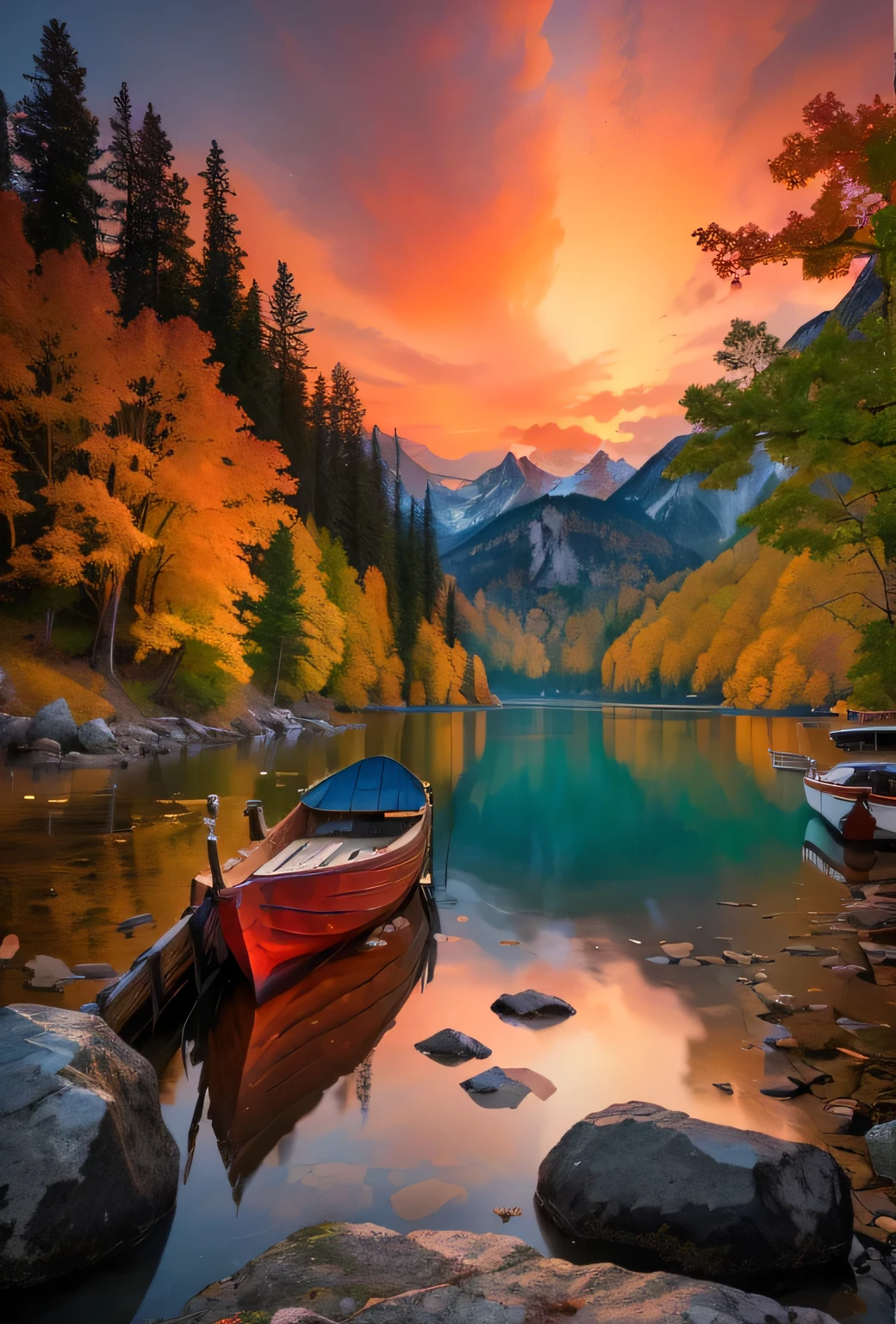 Sunset,Alafud boats on the shore of mountain lake, Autumn Tranquility, Beautiful lake, Warm and beautiful scene, Magnificent natural scenery, Stunning colors, Nature Wallpapers, Colorful and bizarre landscape, red lake, Beautiful nature, Autumn sunset, Epic beautiful scenery, Immerse yourself in nature, scenery is beautiful, Beautiful lake background, stunning nature in background, The colors are brilliant and rich