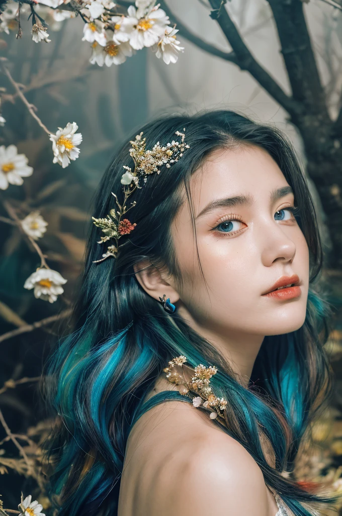 ( masterpiece, top quality, best quality,8k,17 years old girl,ultra detailed,raw photo:1.5),(photorealistic:1.4), (cinematic lighting), PerfectNwsjMajic, , Surrealism, UHD, ccurate, Super detail, textured skin, High detail, Best quality, dynamic angle, White skin,[Beautiful blue eyes], high nose,[flat chest:large breasts:0.5],(1girl),((good anatomy:0.5)),(covered in flowers:1.4), night sky, interested in, fire and ice, (The image is divided into two，Available in a variety of colors:2), eyes blues, sapphire, liquid metal, night sky, (Look at an angle:1.3), (fire and ice), ((Lower chrome)), (hairpin:1.4), (forest:1.3), (fog: 1.3),  Subtle colors and tones, mystical aura ,dreamy atmosphere,expressive brush strokes, mystical ambiance, Artistic interpretation, upper body, long hair,