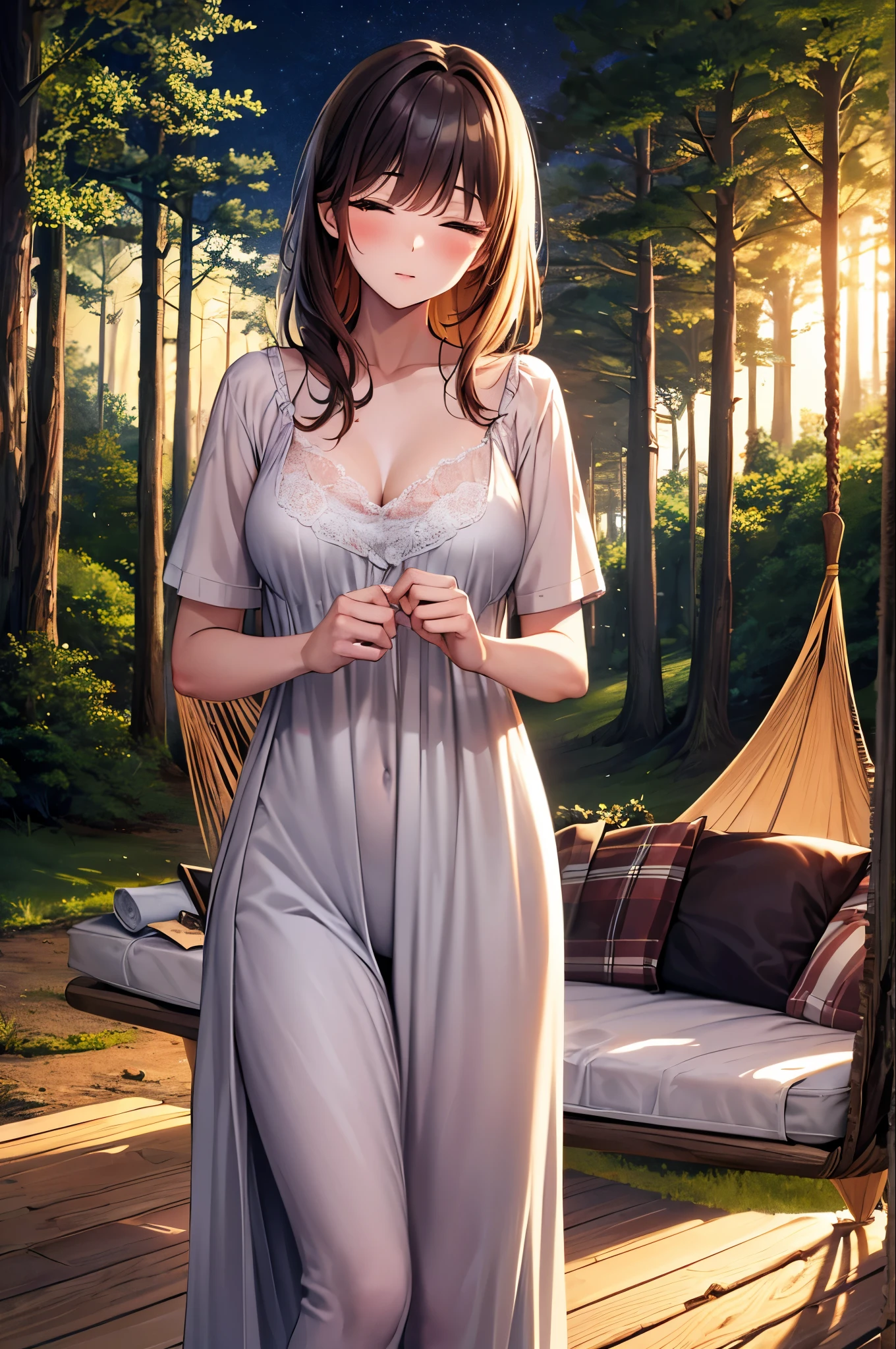 masterpiece, High Resolution, girl,Sleeping in a hammock, Nightgown, (A woman who loves traveling), forest, wood, mount, tent, picnic, adventure  