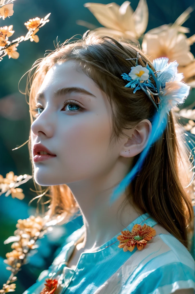 ( masterpiece, top quality, best quality,8k,17 years old girl,ultra detailed,raw photo:1.5),(photorealistic:1.4), (cinematic lighting), PerfectNwsjMajic, , Surrealism, UHD, ccurate, Super detail, textured skin, High detail, Best quality, dynamic angle, White skin,[Beautiful blue eyes], high nose,[flat chest:large breasts:0.5],(1girl),((good anatomy:0.5)),(covered in flowers:1.4), night sky, joint, interested in, fire and ice, (The image is divided into two，Available in a variety of colors:2), eyes blues, sapphire, liquid metal, night sky, (Look at an angle:1.3), (fire and ice), ((Lower chrome)), (hairpin:1.4), (forest:1.3), (fog: 1.3),  Subtle colors and tones, mystical aura ,dreamy atmosphere,expressive brush strokes, mystical ambiance, Artistic interpretation,Wonderland, blue glowing flowers tone, upper body, long hair, light brown streaked hair, brown hair