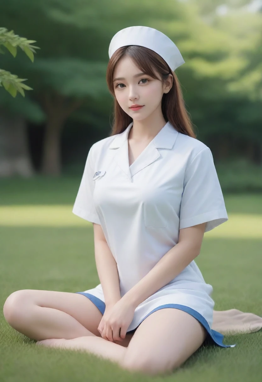 (full body:1.5), (1girl:1.3), (view the viewer:1.4), (anatomy correct:1.4), sitting on the grass, (wearing a nurse set:1.2), (accurate and perfect face:1.3), high detail, lighten shade contrast, face lighting, cinematic lighting, garden.