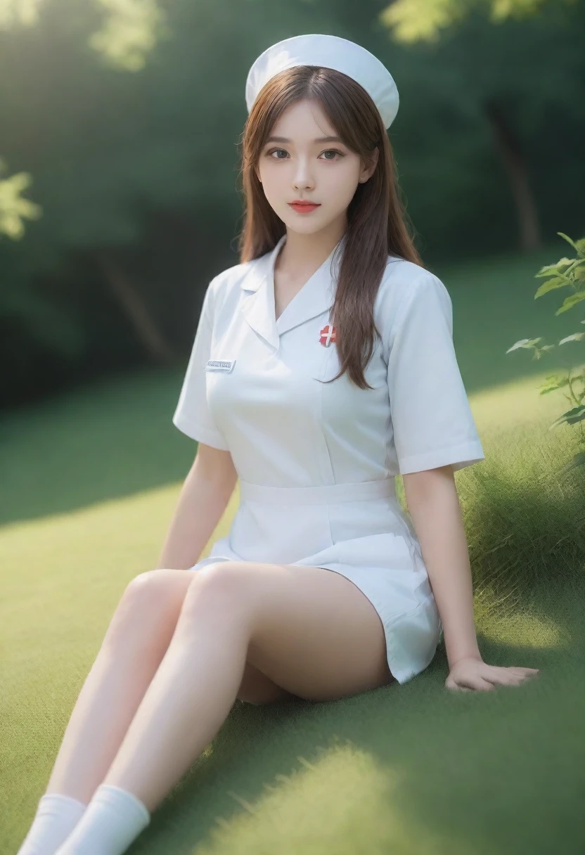 (full body:1.5), (1girl:1.3), (view the viewer:1.4), (anatomy correct:1.4), sitting on the grass, (wearing a nurse set:1.2), (accurate and perfect face:1.3), high detail, lighten shade contrast, face lighting, cinematic lighting, garden.