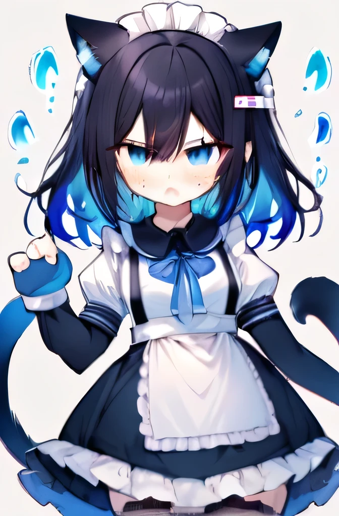 Cute, cat ears, hoodie with black-blue gradient, one tail with blue fire on the end of tail, blue eyes, dark hair, confused, Stockings, annoyed, kawaii, cat girl, maid dress, shame, tears, anime, mad