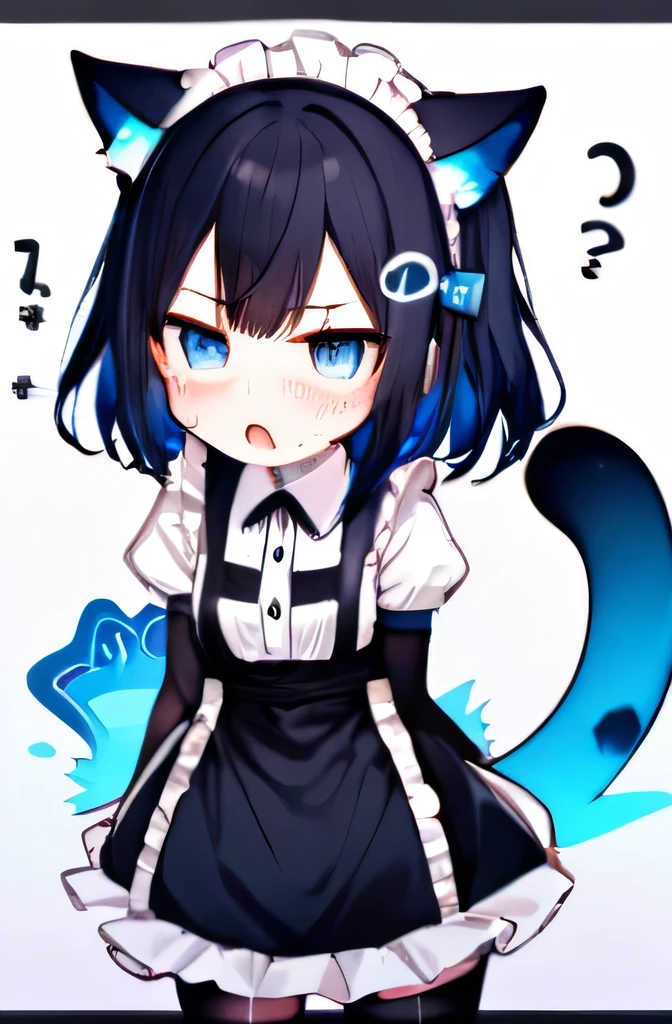 Cute, cat ears, hoodie with black-blue gradient, one tail with blue fire on the end of tail, blue eyes, dark hair, confused, Stockings, annoyed, kawaii, cat girl, maid dress, shame, tears, anime, mad