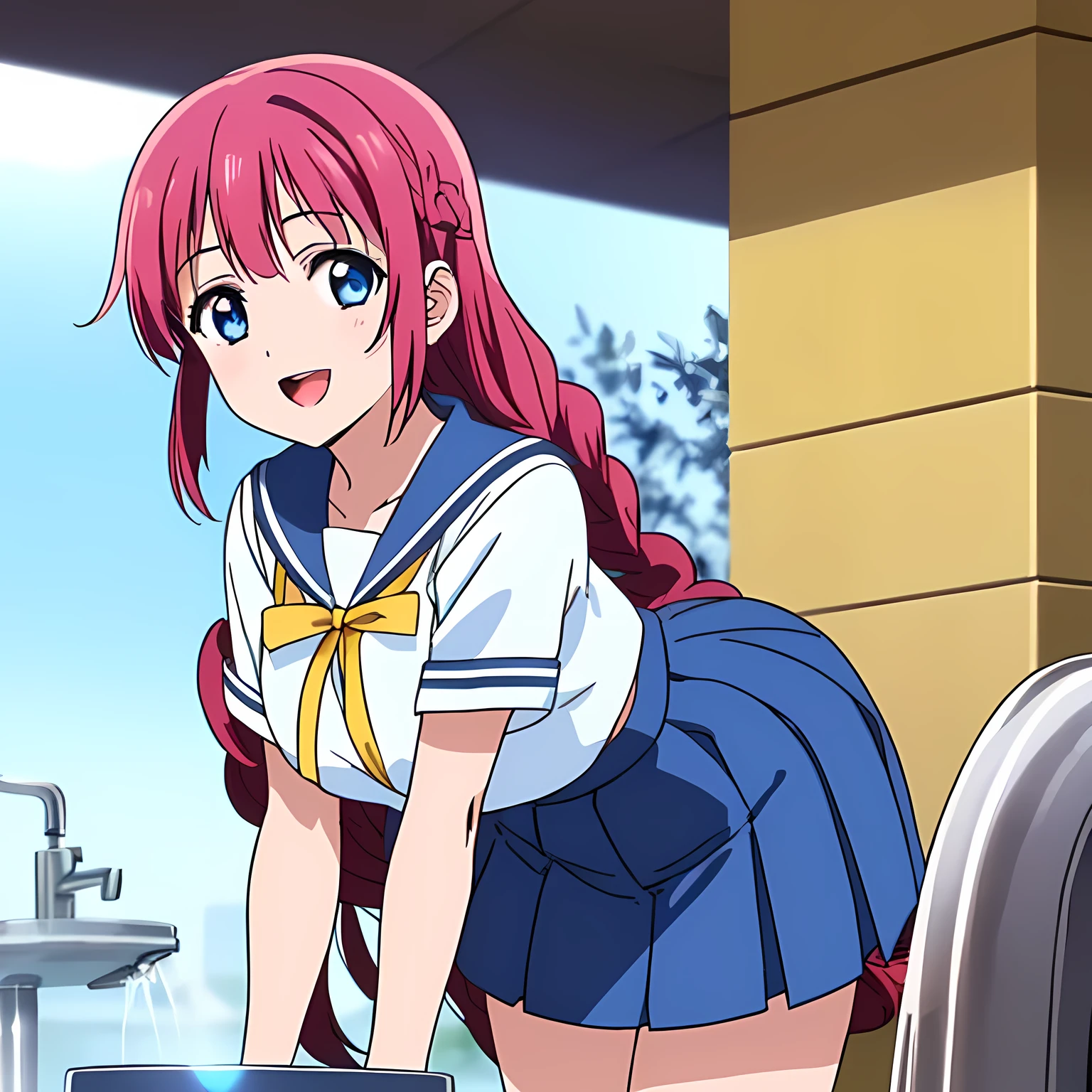highest quality, (masterpiece:1.2), Very detailed, Game CG, ((((Very beautiful school uniform1A girl is bending over and drinking water)))), ((The girl everyone loves)), (((Very beautiful pink hair))), ((((Yellow sailor suit)))), ((Sailor uniforms have blue lines)), ((Dark navy blue checked long skirt)), ((((Very beautiful and shining eyes)))), ((Very long eyelashes)), A big red ribbon on the chest, ((An elegant expression like a noble princess)), (((Beautiful and great smile))), Small face and great posture, ((Give the viewer a heavenly feeling of happiness)), (((Blur the background))), ((A very compassionate face)), ((Anime heroine smiling and open mouth)), ((Slender and shapely breasts)), ((park drinking fountain))