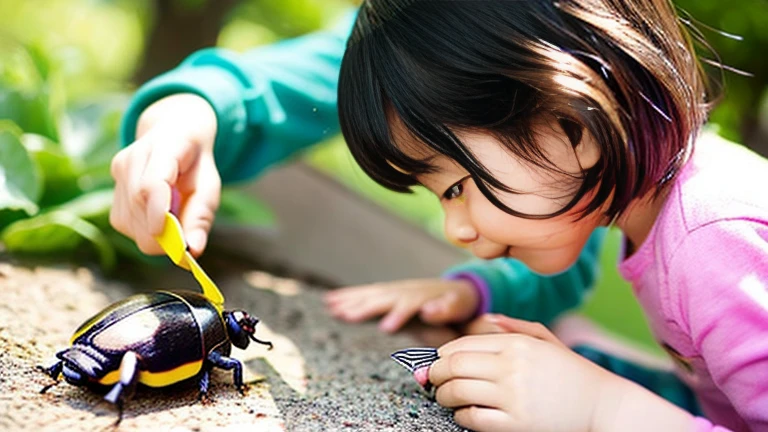 田舎で田舎でChildren playing with beautiful beetles、Children playing with beautiful beetles、