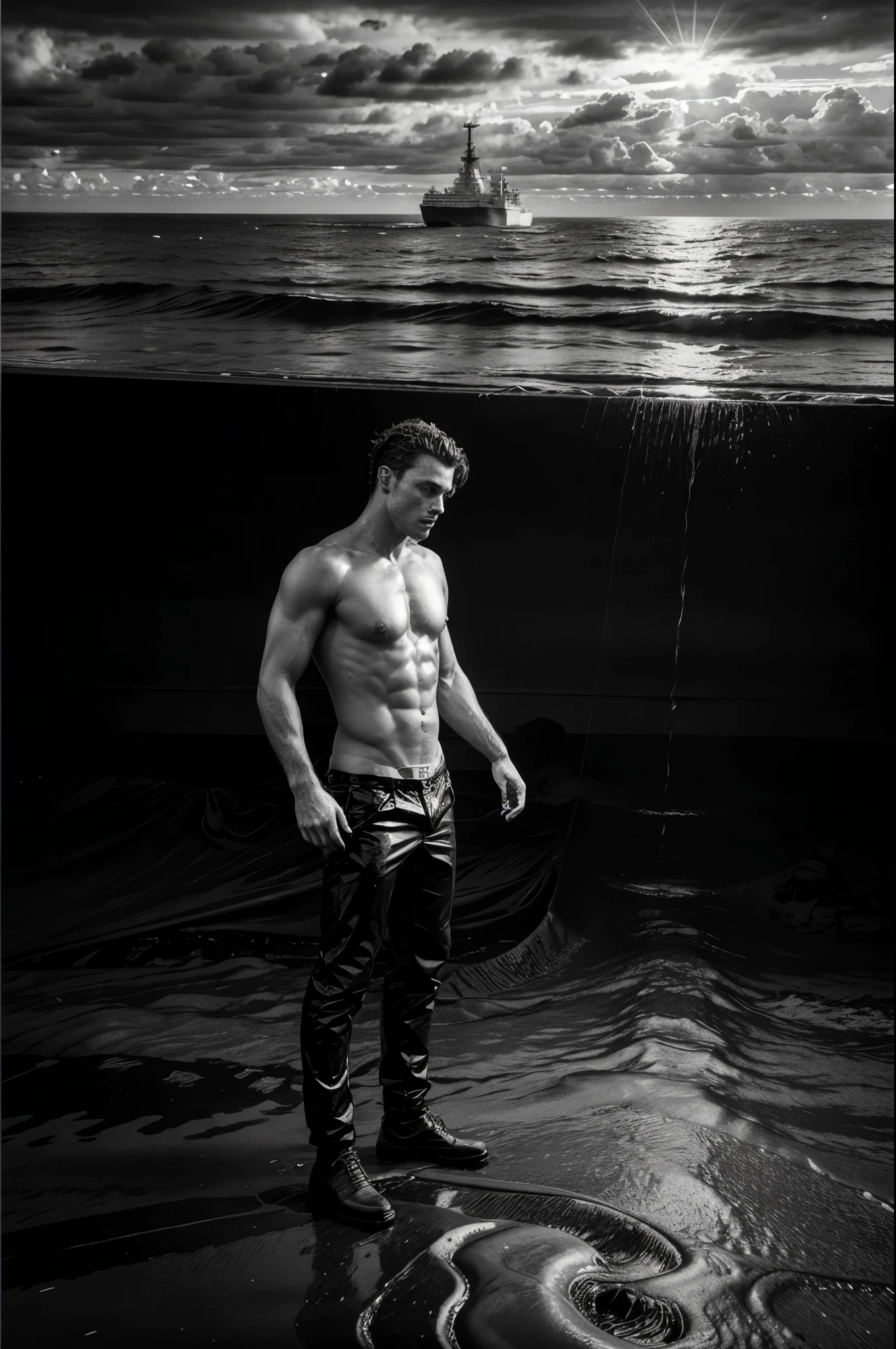 Male fashion photography photo, full body shot, (((handsome naked young manly sexy christian hogue))), working on an oil platform, black and white photo, dramatic poses and light and dark composition, the North Atlantic Ocean is famous for its rich oil reserves under the sea, illuminated by the distant sea surface. Attracted by the mysterious light, he developed a strong interest in the oil platform standing in the sea. Photographers and staff recorded their lives while repairing the ship and on the deck, photos taken during the journey, and historical images of the oil drilling platform collected by the photographer. It depicts the transformation and decline of the natural gas and oil industries in the past and present, highlighting the changes and time this ocean has experienced.