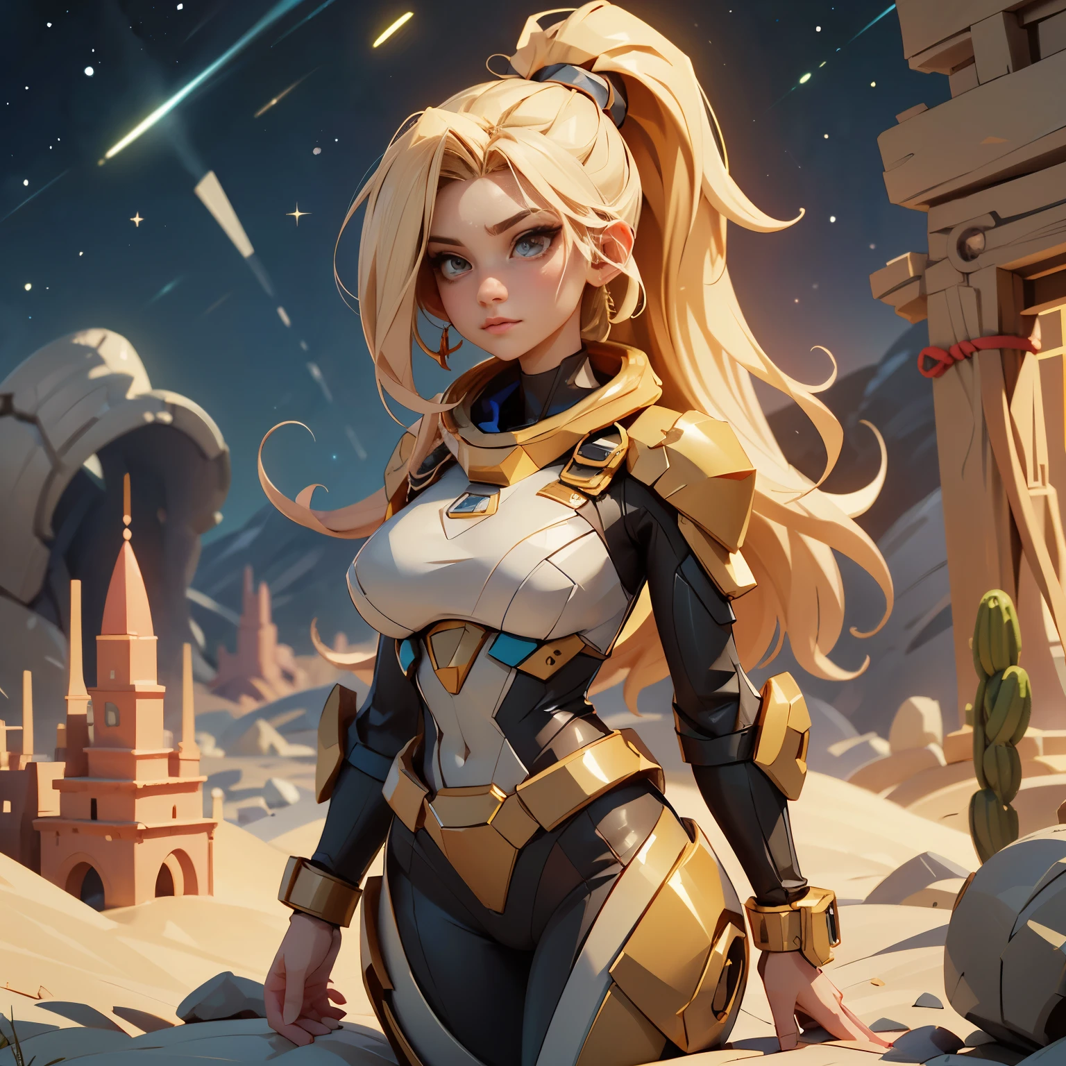 (High resolution、masterpiece:1.2)、Super detailed、(Photorealistic:1.37)、SF、Adventurer、Explore ancient ruins、Gorgeous detailed face and figure、Ideal proportions、Big Breasts、Beautiful long straight hair tied in a braided ponytail、blonde、Dynamic pose、Dynamic angle、treasure hunter、interstellar background、Advanced technology、Glowing Light、Extraterrestrial relics、Exciting action、Breathtaking landscapes、Amazingly detailed alien architecture、Ethereal colors、天bodyの雰囲気、Out-of-this-world scenery、laser weapon、Intense emotions、Adrenaline-pumping adventure、Thrilling suspense、Action-packed quests。Distant future、A young and beautiful woman、見事な特徴と完璧なbody型で、大胆かつ恐れを知らないtreasure hunterとして描かれ、Explore the depths of ancient extraterrestrial ruins in outer space。This work、信じられないほどのHigh resolution（highest quality、4k、8k、High resolution、masterpiece：1.2）とSuper detailed（Photorealistic：1.37）Proud of its depiction of、The face of the hero、body、Captures every intricate detail of the surrounding environment。SFジャンルに重点を置いたThis work、Advanced technology、魅惑的なinterstellar background、Introducing the scenery of another world。キャラクターのDynamic poseと角度が、It adds energy and a sense of adventure to the scene.。彼女の長く美しいblondeの髪は細心の注意を払ってポニーテールに編み込まれており、Enhances aesthetic appeal、全body的な外観に優雅さを加えています。treasure hunterとして、She encounters various relics and ancient structures。それらは絶妙なディテールでEthereal colorsで描かれ、The celestial atmosphere captivates the audience.。In this work、The protagonist engages in a thrilling quest、It also features intense emotions and adrenaline-pumping action as you face dangerous challenges.。laser weaponと未来的な要素がSFの雰囲気を醸し出し、視聴者に視覚的に驚異的で没入感のあるbody験を提供します、mynatalee woman、cr1r3、natural breasts