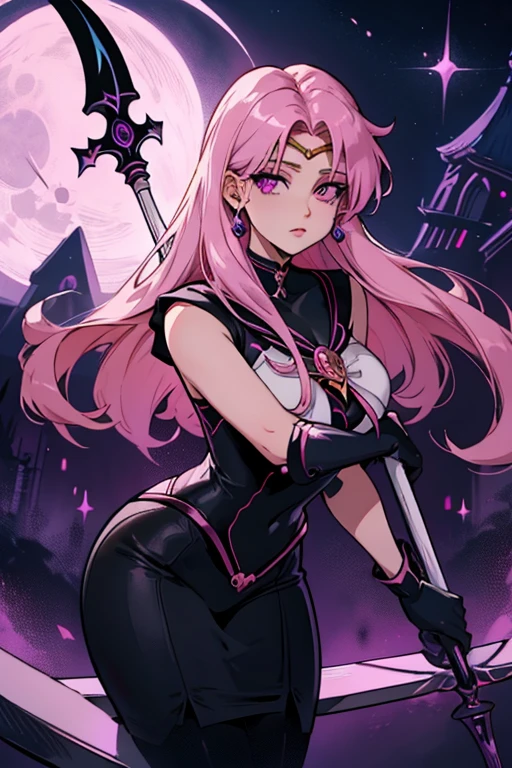 A pink haired woman with violet eyes with an hourglass figure in a sailor moon outfit is spinning a scythe in the night