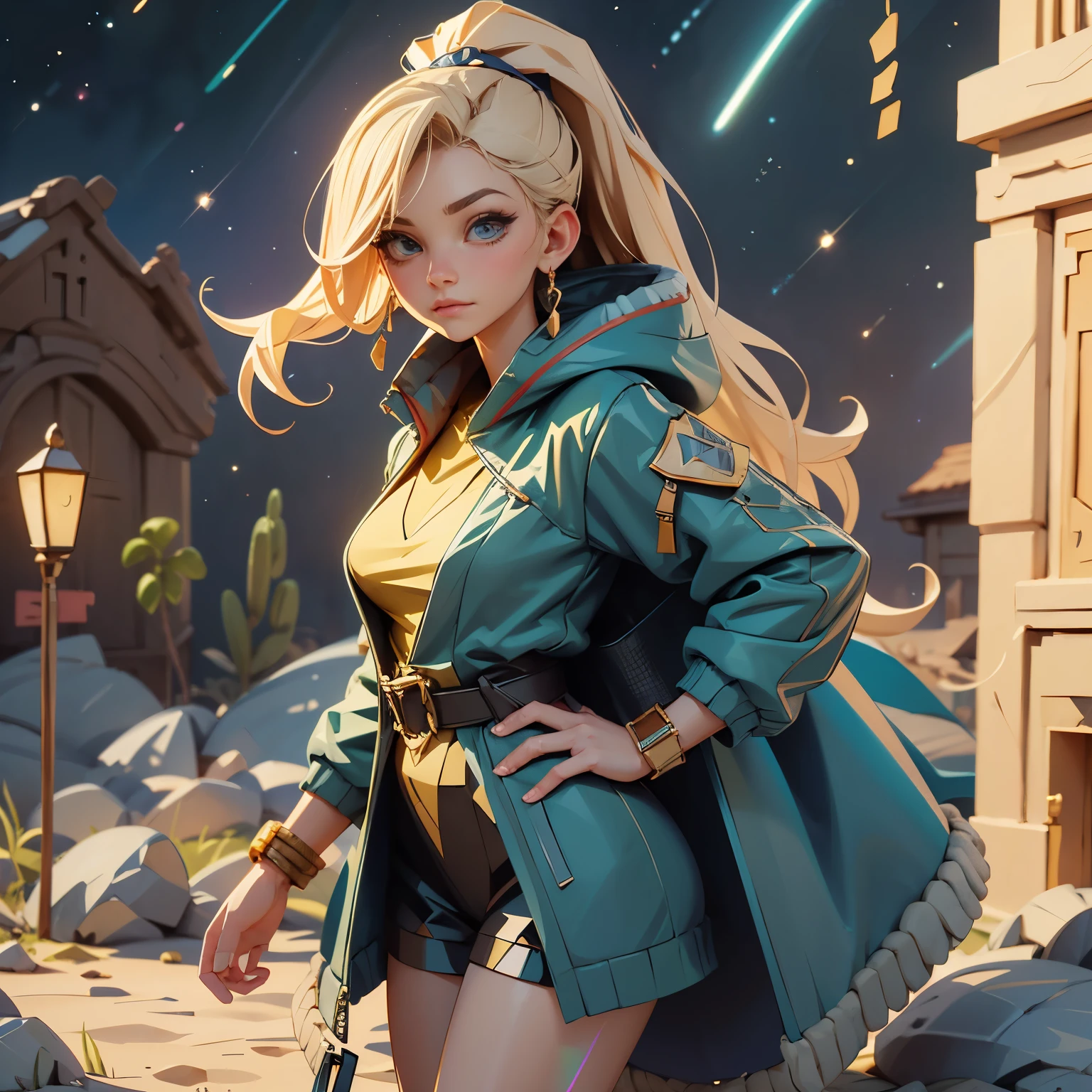 (High resolution、masterpiece:1.2)、Super detailed、(Photorealistic:1.37)、SF、Adventurer、Explore ancient ruins、Gorgeous detailed face and figure、Ideal proportions、Big Breasts、Beautiful long straight hair tied in a braided ponytail、blonde、(stylish、Holographic Coat:1.4)、Dynamic pose、Dynamic angle、treasure hunter、interstellar background、Advanced technology、Glowing Light、Extraterrestrial relics、Exciting action、Breathtaking landscapes、Amazingly detailed alien architecture、Ethereal colors、天bodyの雰囲気、Out-of-this-world scenery、laser weapon、Intense emotions、Adrenaline-pumping adventure、Thrilling suspense、Action-packed quests、Distant future、A young and beautiful woman、見事な特徴と完璧なbody型で、大胆かつ恐れを知らないtreasure hunterとして描かれ、Explore the depths of ancient extraterrestrial ruins in outer space、This work、信じられないほどのHigh resolution（highest quality、4k、8k、High resolution、masterpiece：1.2）とSuper detailed（Photorealistic：1.37）Proud of its depiction of、The face of the hero、body、Captures every intricate detail of the surrounding environment、SFジャンルに重点を置いたThis work、Advanced technology、魅惑的なinterstellar background、Introducing the scenery of another world。キャラクターのDynamic poseと角度が、It adds energy and a sense of adventure to the scene.。彼女の長く美しいblondeの髪は細心の注意を払ってポニーテールに編み込まれており、Enhances aesthetic appeal、全body的な外観に優雅さを加えています、treasure hunterとして、She encounters various relics and ancient structures、それらは絶妙なディテールでEthereal colorsで描かれ、The celestial atmosphere captivates the audience.、In this work、The protagonist engages in a thrilling quest、It also features intense emotions and adrenaline-pumping action as you face dangerous challenges.、laser weaponと未来的な要素がSFの雰囲気を醸し出し、視聴者に視覚的に驚異的で没入感のあるbody験を提供します、mynatalee woman、cr1r3、natural breasts
