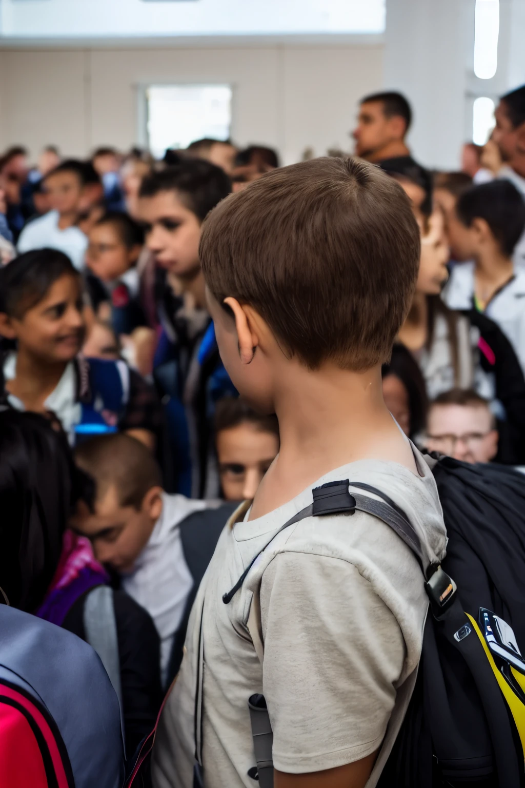 The atmosphere was chaotic in the morning in front of the school. A boy was about to walk into school. I saw behind him, his hair was short and cropped.