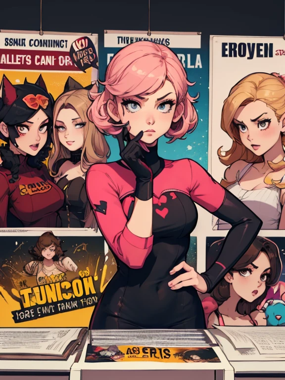 Com um dragão Ennifer Connelly, muito longo no modo retrato e meio cacheado com franja, seios pequenos, olhos grandes com um brilho apaixonado, olhosum desenho de uma mulher com uma roupa rosa e botas, fanart da coelhinha lola, comic Poster style, Poster art, Poster body, Poster, pink iconic character, fofosexyrobutts, vestido vermelho amy rose, peach princess), Krenz Cushart e Artgerm, Ann Takamaki de Persona 5, corpo de chiclete, ( figura altamente detalhada ), Faye Valentim