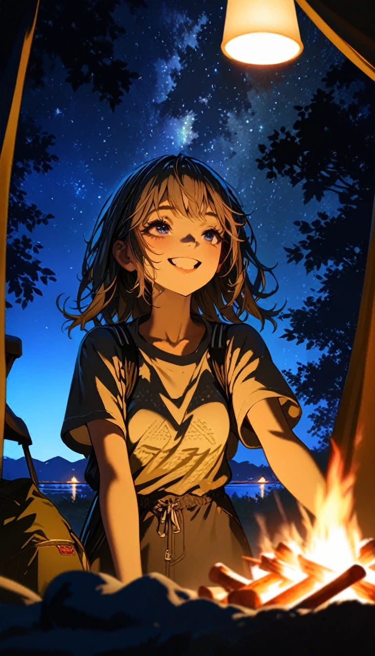 1 girl, ((super detailed, high resolution, super detailed, top quality, amazing, top quality, highly detailed CG Unity 8k wallpaper, cinematic lighting)), campfire, lakeside at night, tent and camping gear, girls standing next to tent, smiling, looking up at stars, good times, spacious, soft campfire light, best memory,
