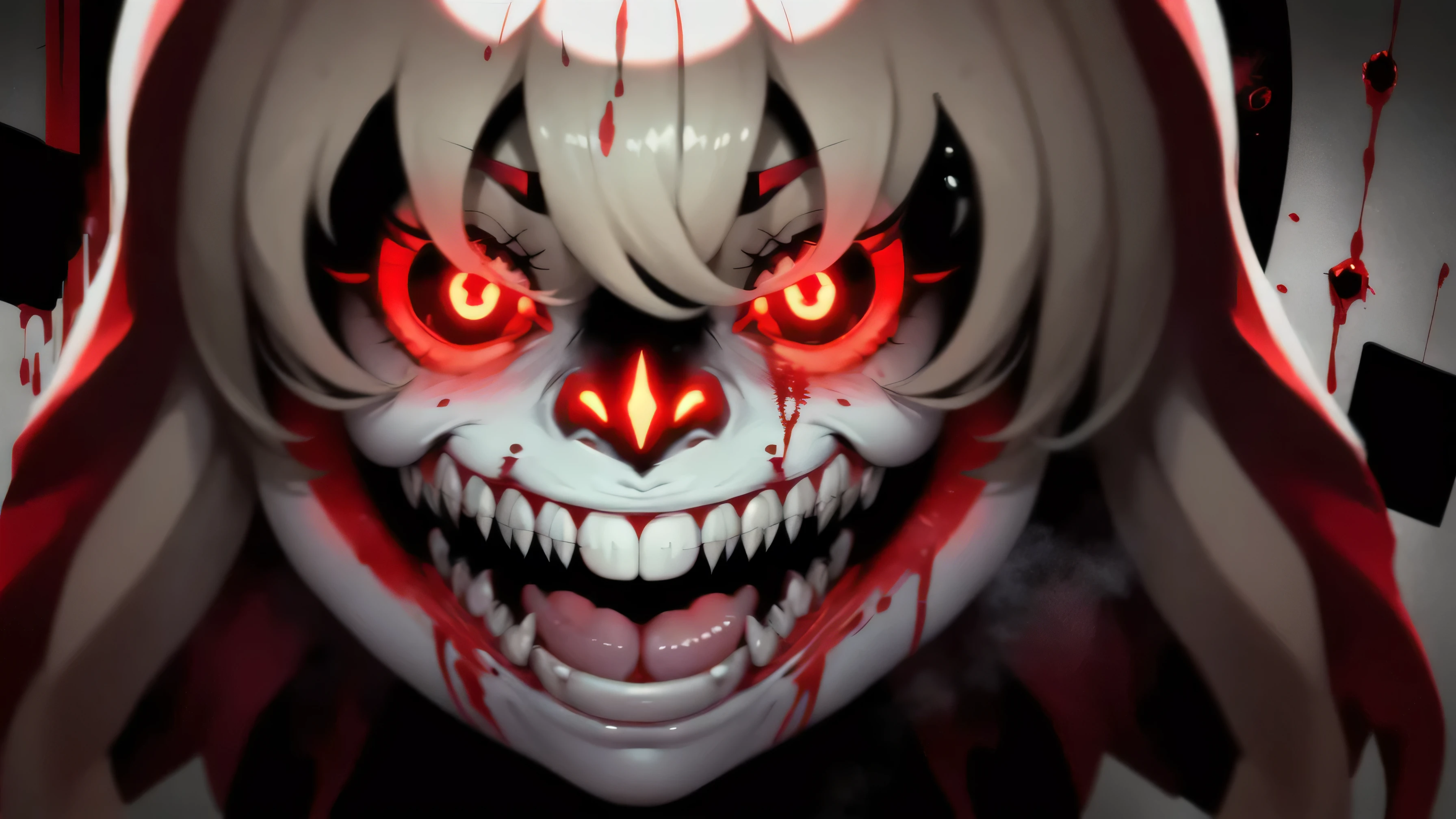 (,best quality, high resolution:1.3), dynamic lighting, edgClussy_woman exe, Exe, teeth, horror (theme), red eyes, smile, sharp teeth, glowing, dark, blood, tongue, grin, glowing eyes, evil smile,