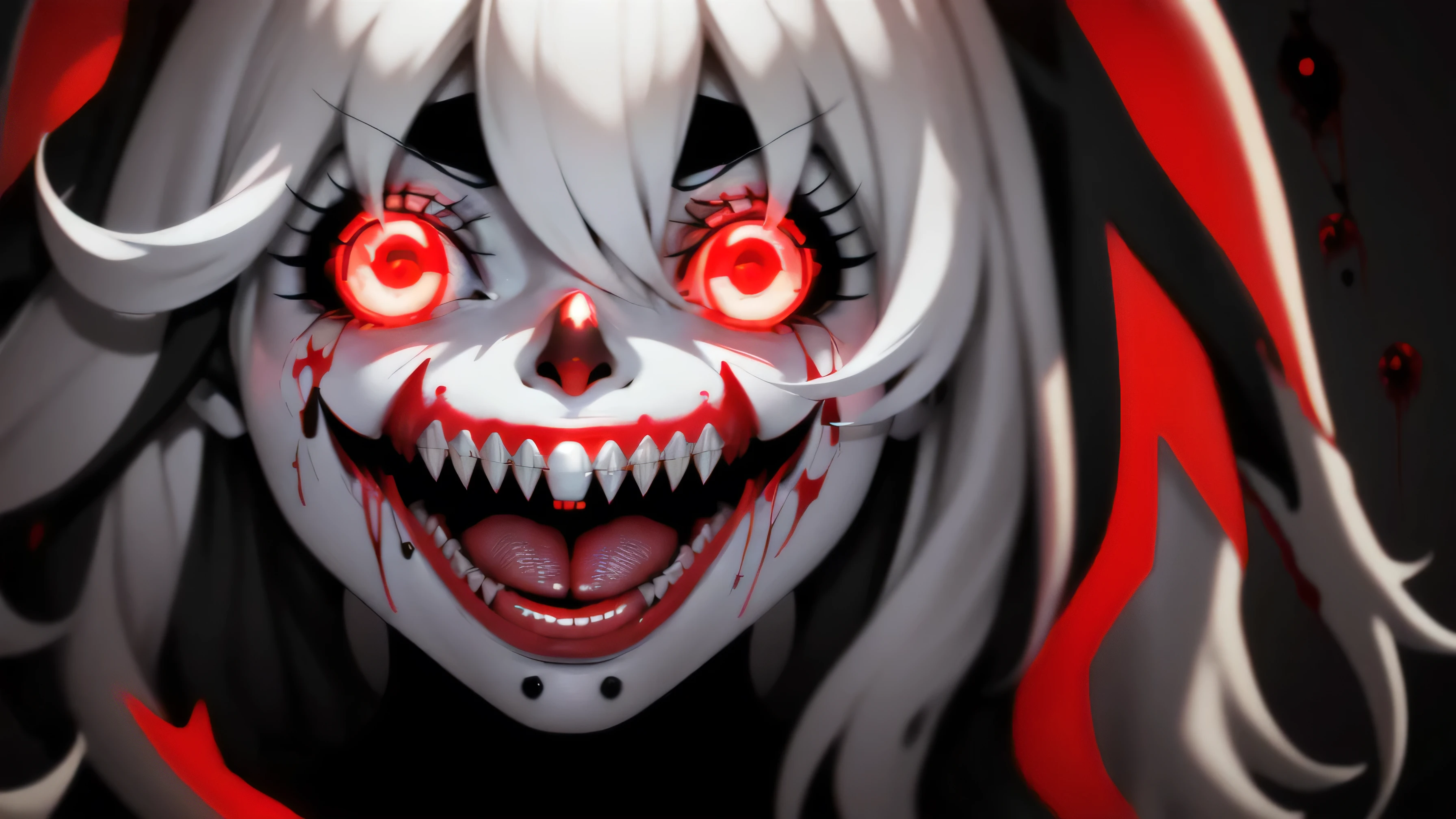 (,best quality, high resolution:1.3), dynamic lighting, edgClussy_woman exe, Exe, teeth, horror (theme), red eyes, smile, sharp teeth, glowing, dark, blood, tongue, grin, glowing eyes, evil smile,