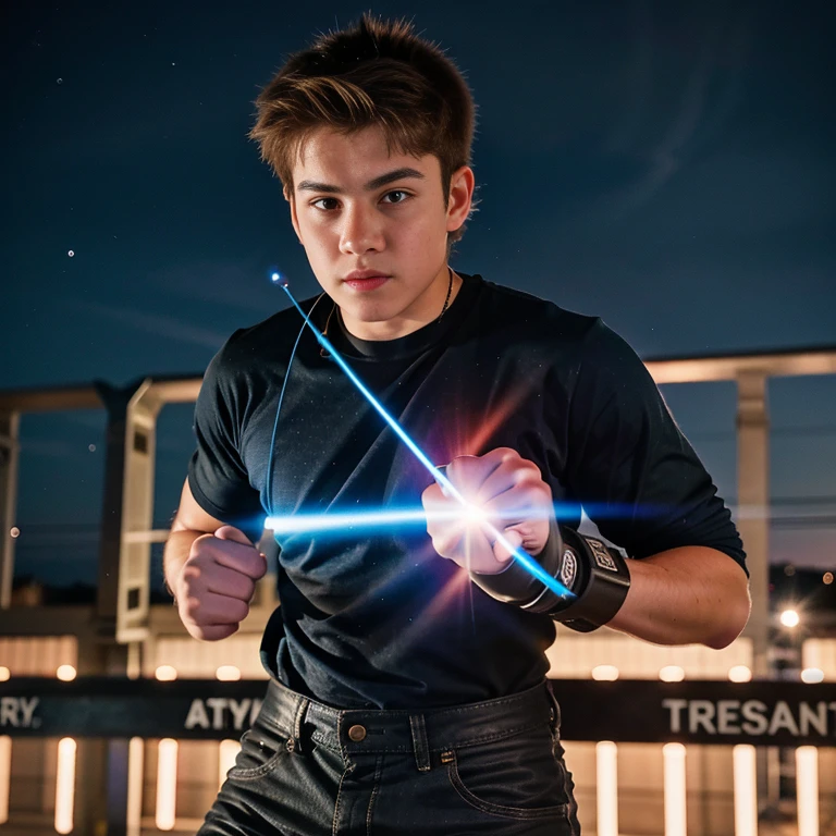 A boy of 18 years old making a gravity force attack,((( gravity lines in his fist))), street warrior, ultra beautiful, ultra detailed, special light effects, 4k UHD, PHOTO REALISTIC