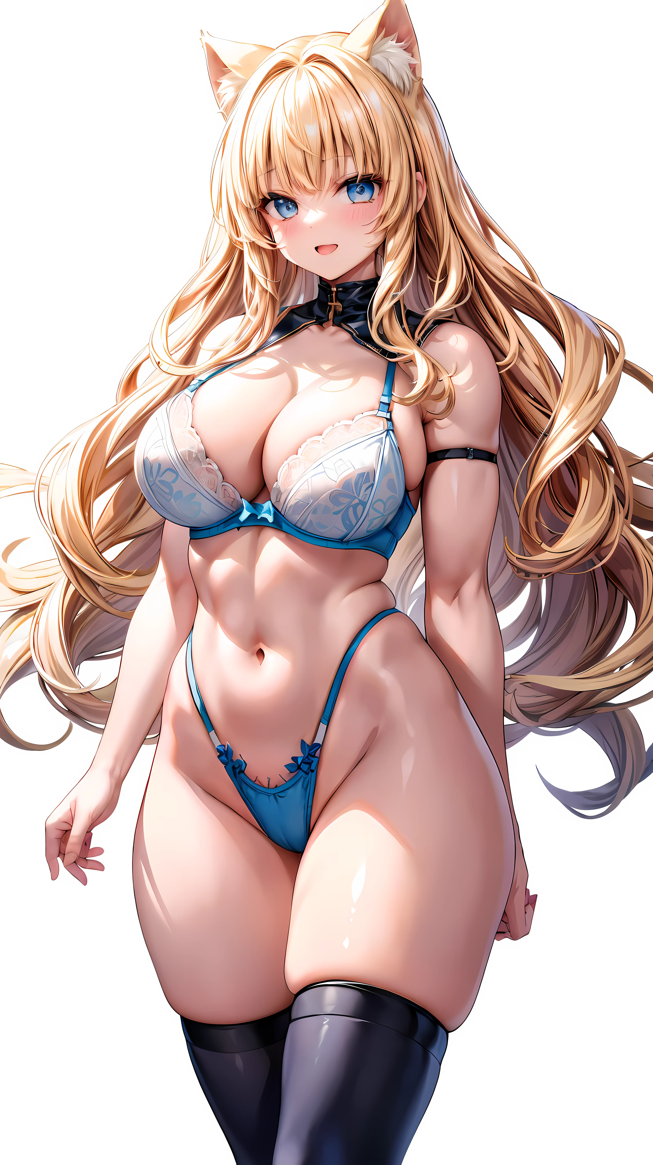 Very detailed、highest quality、Best image quality、masterpiece、8k、Anime Face、A kind smile、(Open your mouth:1.3)、Sparkling blue eyes、(Blonde Wavy Hair:1.5)、(Muscles of the whole body:1.3)、(highleg:2.0)、Thigh belt、(Cowboy Shot:1.5)、(SFW Giant)、(Thick body:1.2)、(bra:1.5)、(sxspnts)、(White background:1.5)、(Cat ear)