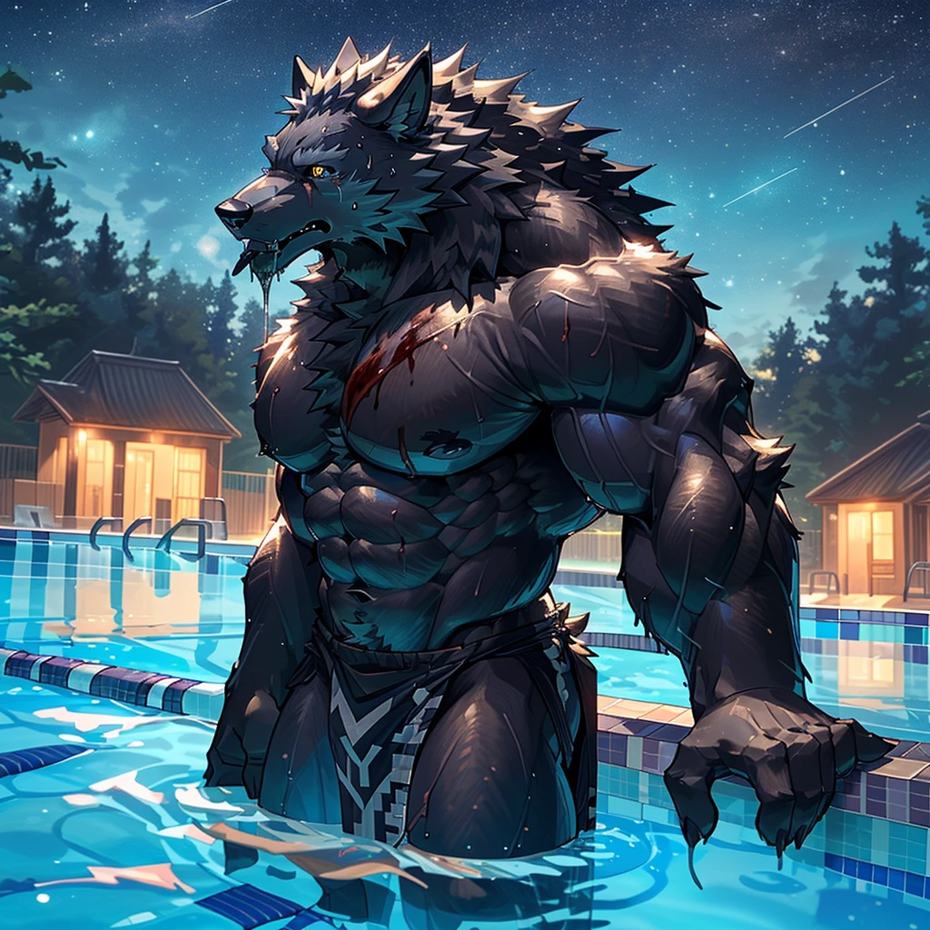 (Highest quality:1.2), (masterpiece:1.2), anime, ultra detailed
, Shaggy male black wolf, Black Wolf, great physique,Strong arms, manly, A bodybuilder with blood vessels running throughout his body
,((Pure sweat permeates the wolf&#39;s muscular body.)), (Excessive sweating:1.5), ((Sweat all over the body))
, Look up to the sky, Black loincloth

, Fine grain, (ultra detailed eyes:1.4), black sclera, yellow iris
, black tongue, A large amount of saliva, Tears dripping
, Big cock

,From null-ghost, (Poolside:1.5), The background is a forest, The lost city lights, end:night、in the starry sky
