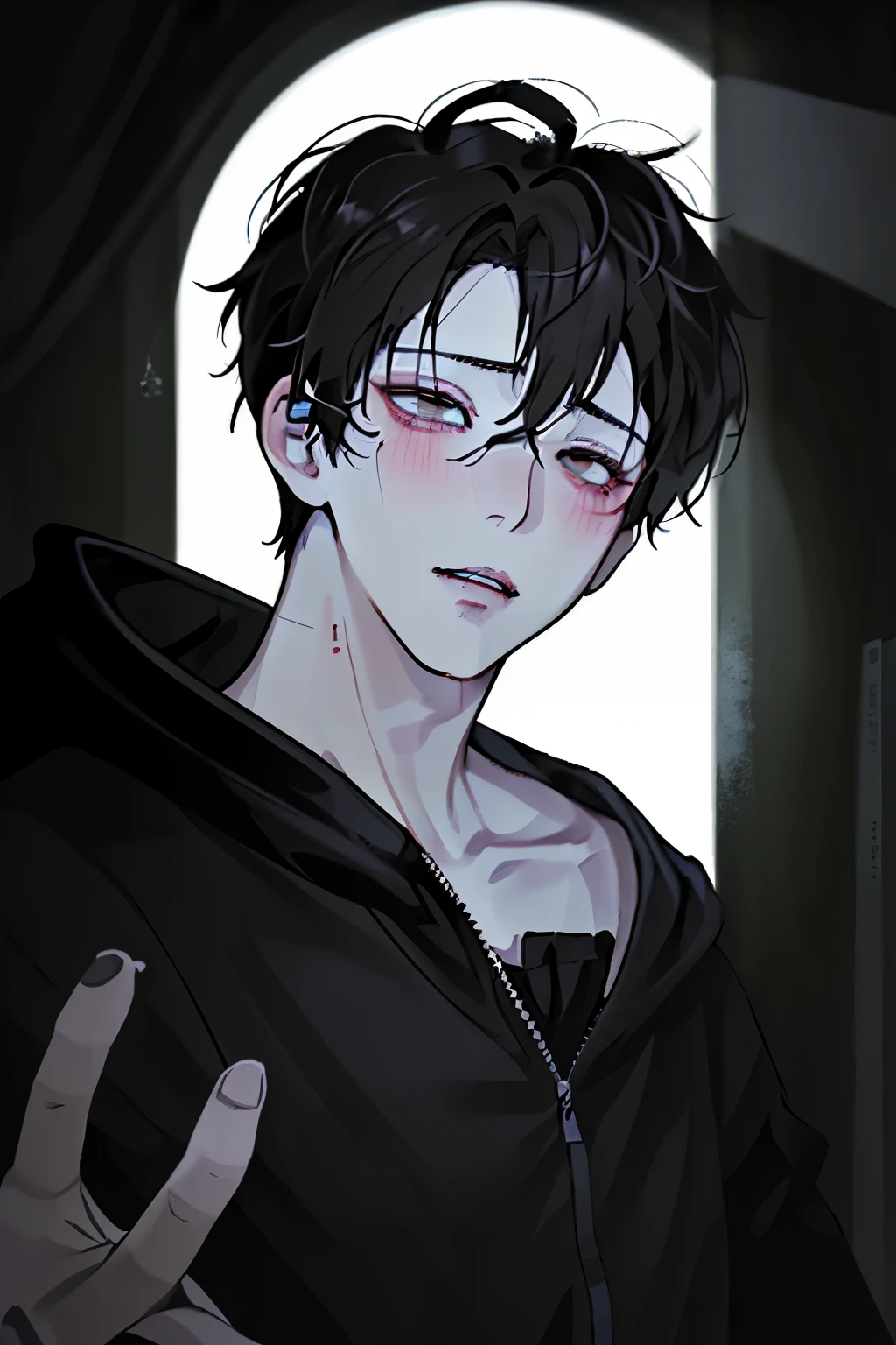 male_focus, eye_focus. 1other. 1boys. short_hair. solo. illustration, messy_room. hikikomori. ecstasy_face. hoodie. dull eyes. dark atmosphere. gloomy, dreary, dark. dull. eyes without light. dark room. black short hair. gloomy. dark atmosphere. lifeless eyes. black eyes without light. pallor. dismal man.  plain black hoodie. Hikikomori. Dark circles. excitement. face. shy face. Darken dark circles. blush. face. Perverted. {{검정색 더벅머리를 가진 dismal man 한 명}}. dismal. Black pupil. eyes without light. face only. face. front,  facade